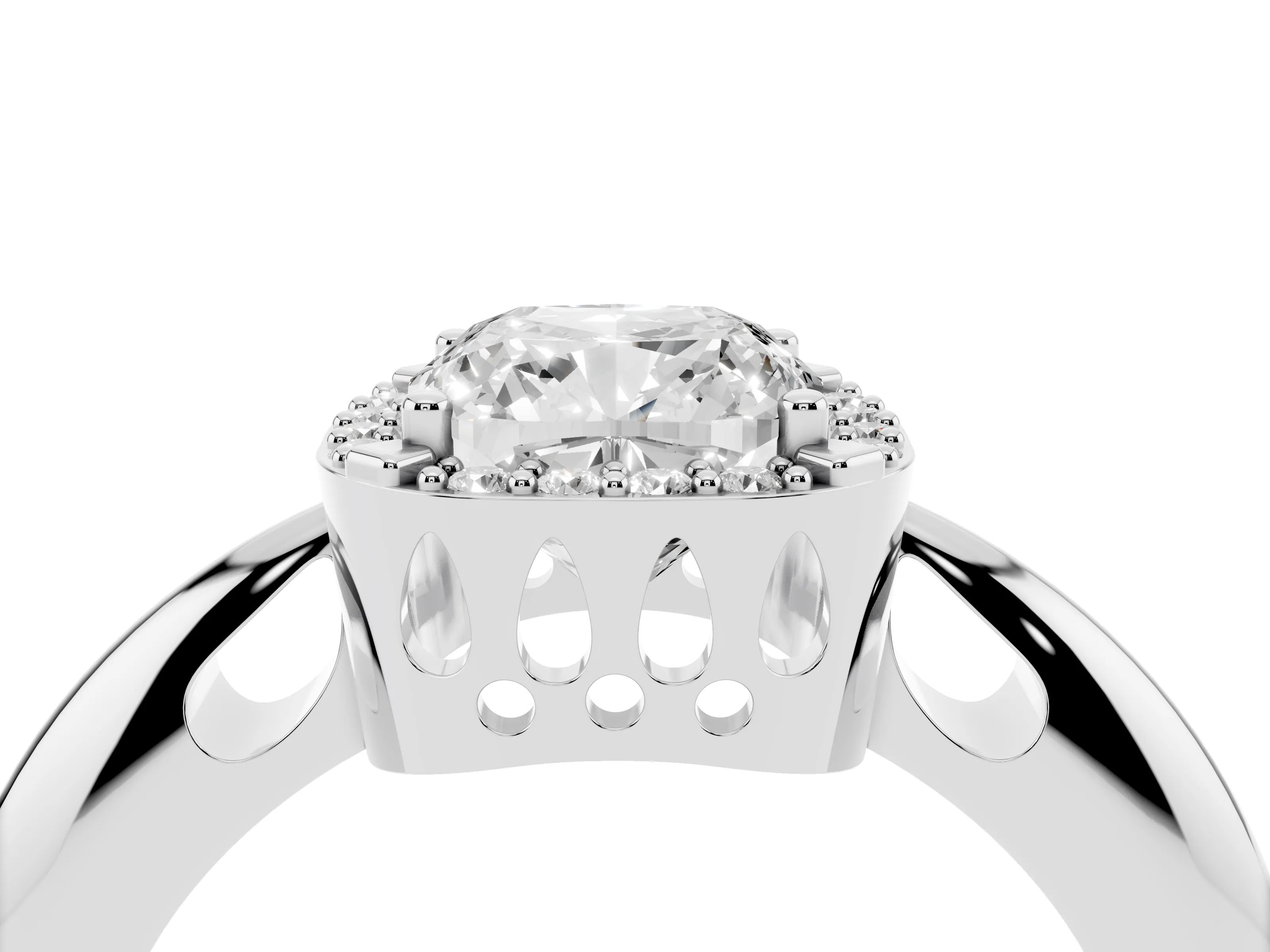 Cushion Cut Diamond Halo Engagement Ring Set in Platinum with Plain Split Shank and Prong Setting