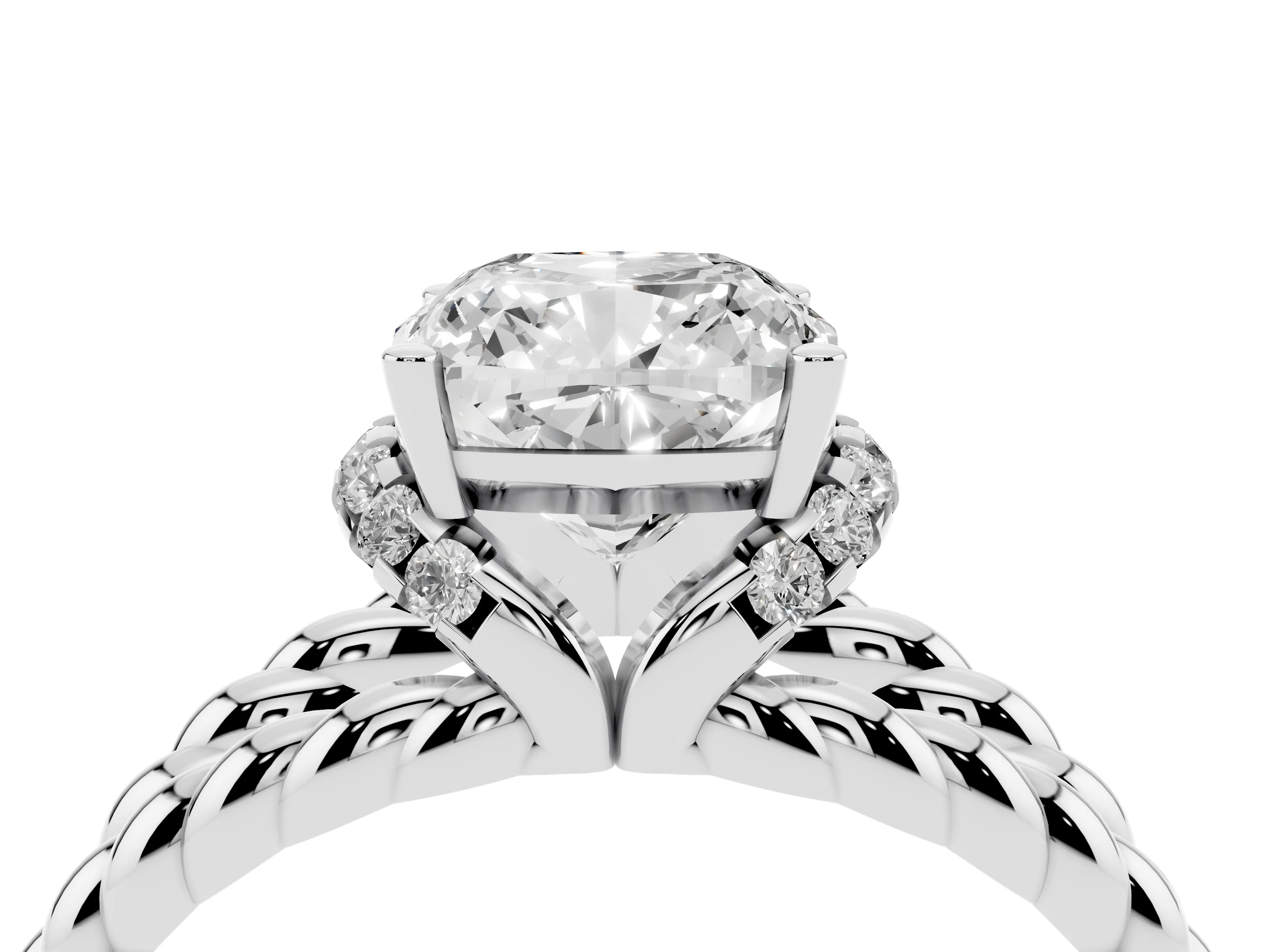 Cushion Cut Diamond Halo Ring Set in Platinum with Twisted Band and Prong Setting