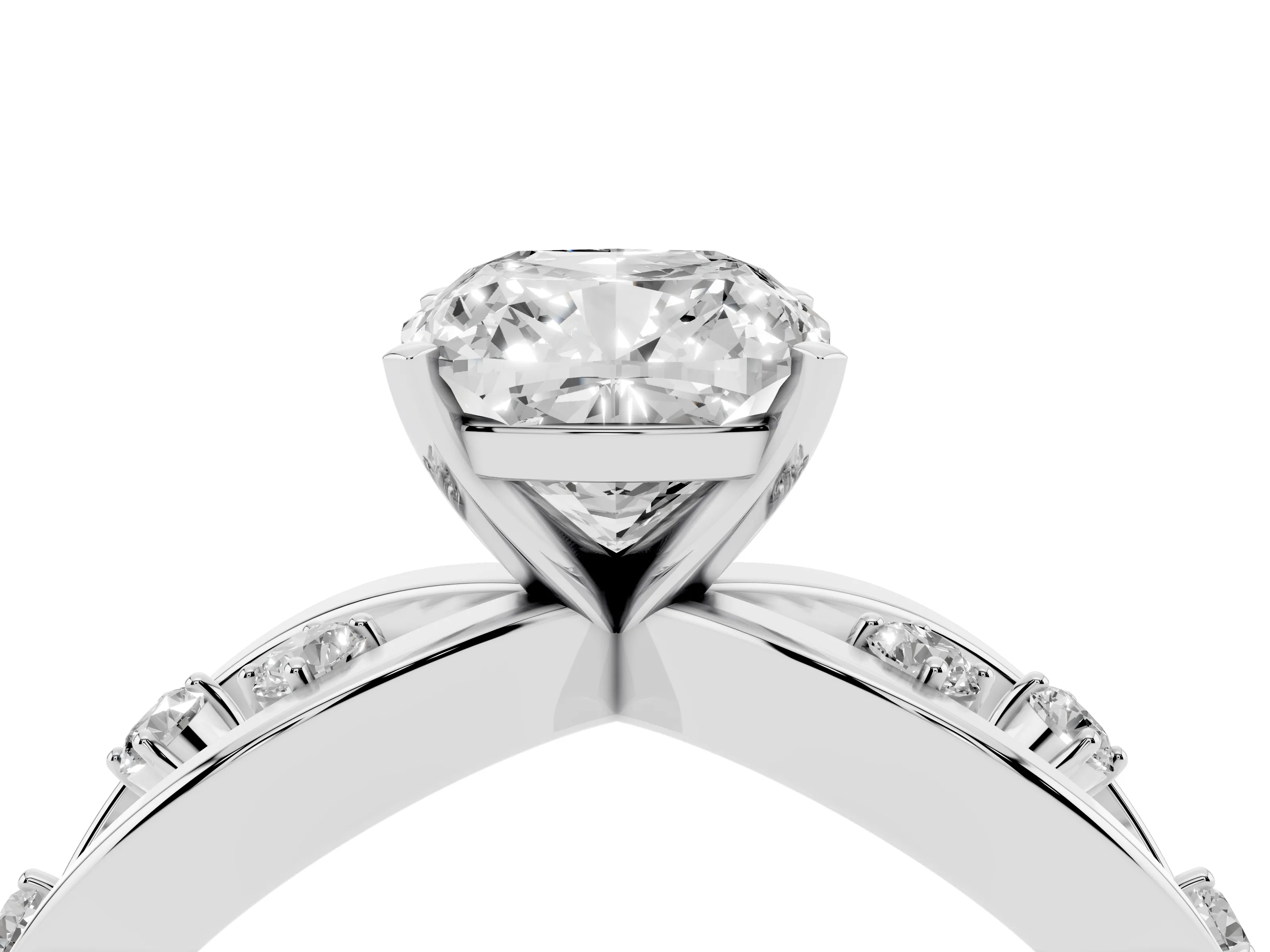 Cushion Cut Diamond Solitaire Ring Set in White gold with Side Stones on Criss-Cross Band and Prong Setting