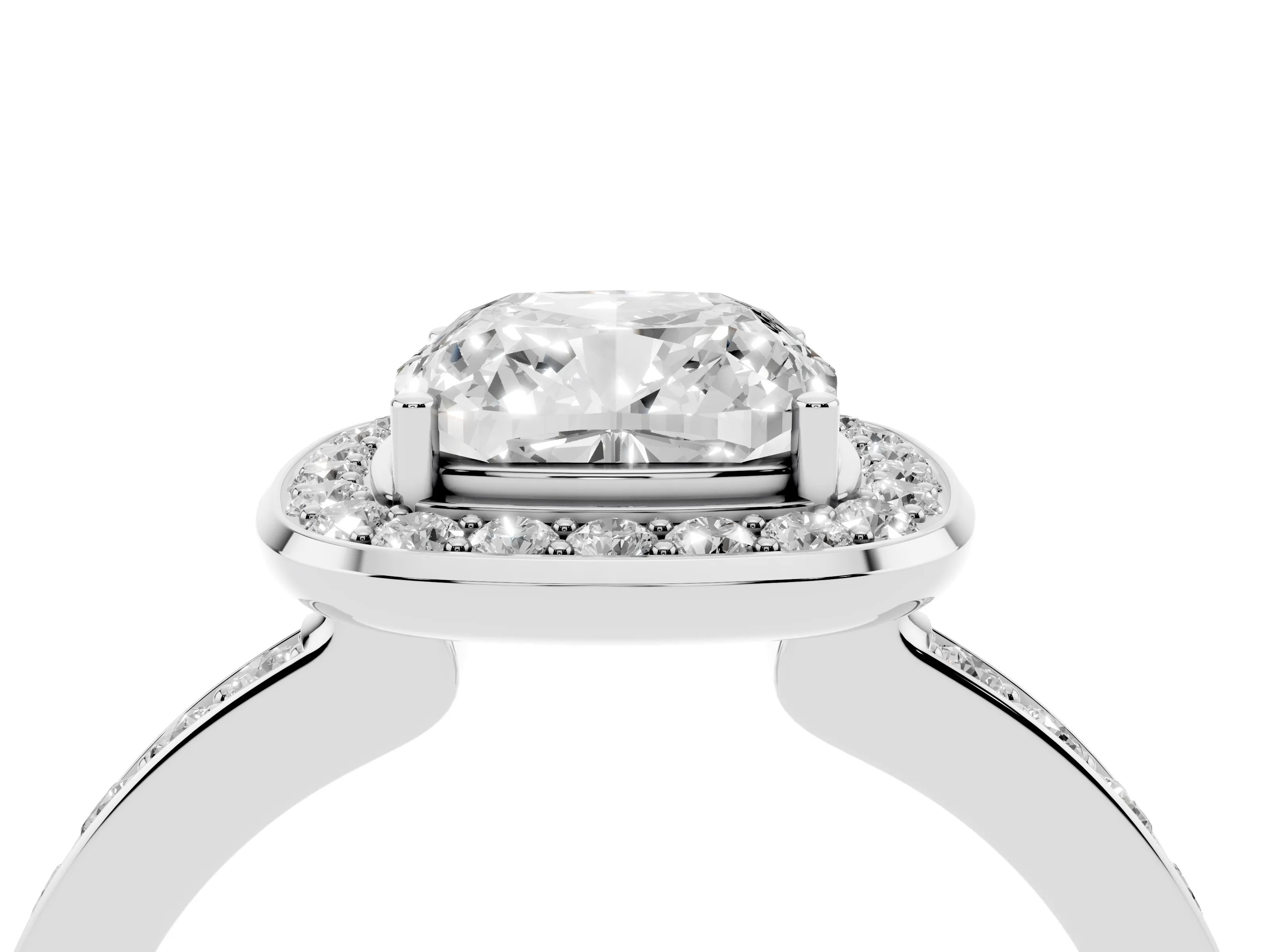 Cushion Cut Diamond Halo Ring Set in Platinum with Bezel Frame and Pavé Band