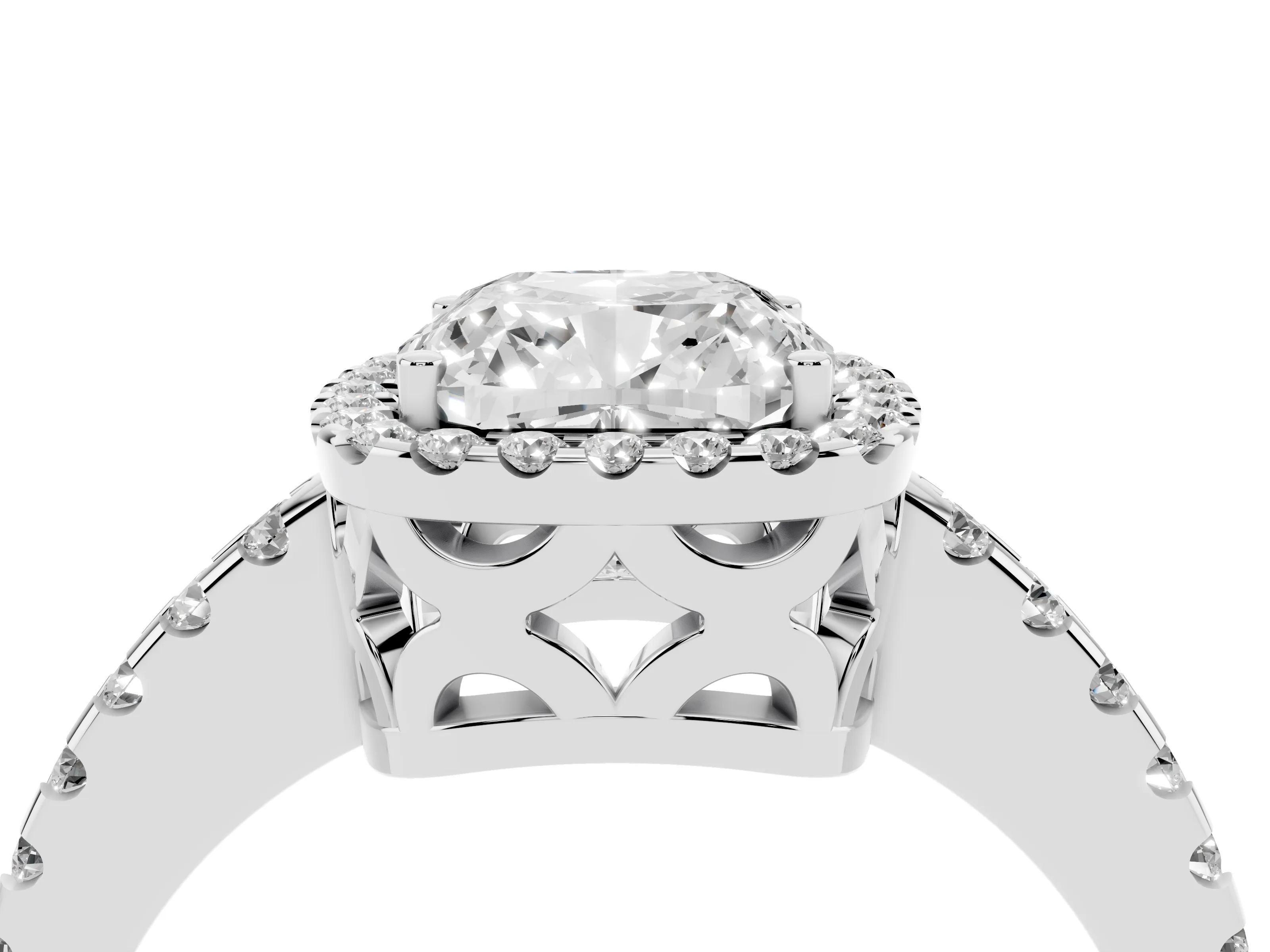 Cushion Cut Diamond Halo Ring Set in Platinum with Pavé Shoulders and Halo-Framed Center