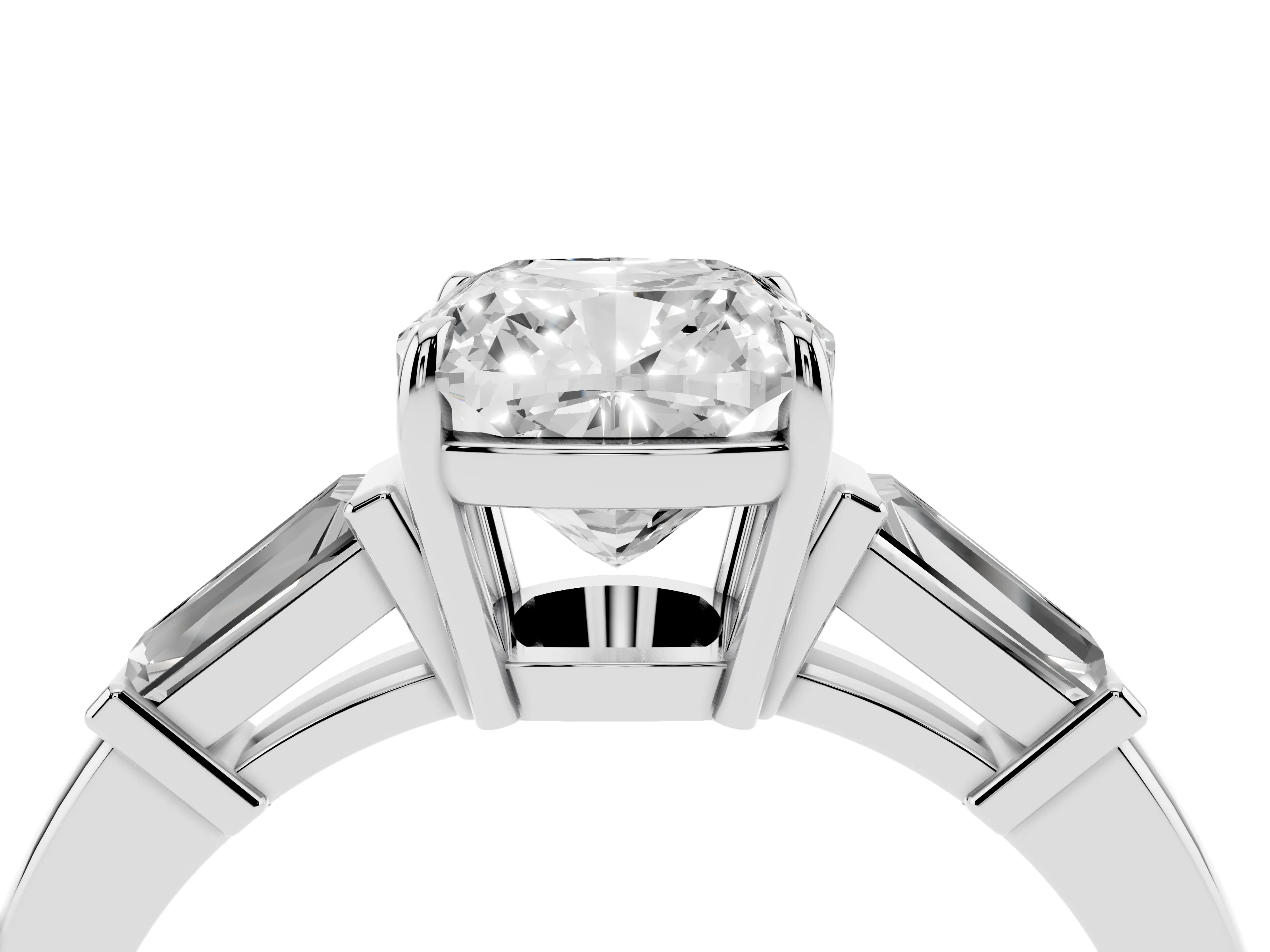 Cushion Cut Diamond Three-Stone Ring Set in Platinum with Tapered Baguette Side Stones and Prong Setting
