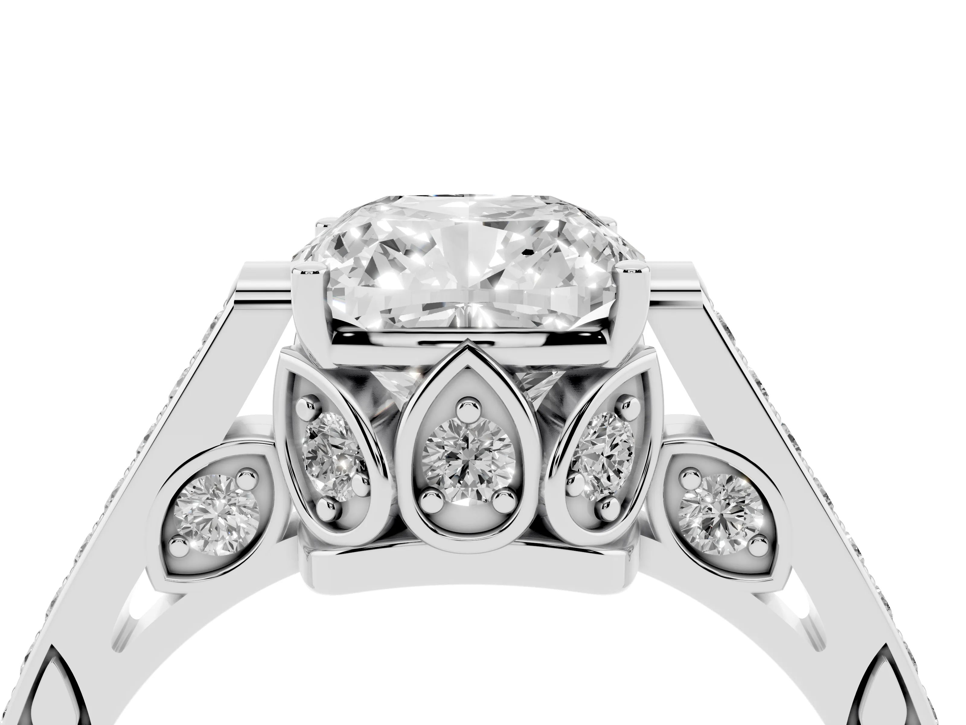 Cushion Cut Diamond Cathedral Pavé Engagement Ring Set in White gold with Prong Setting