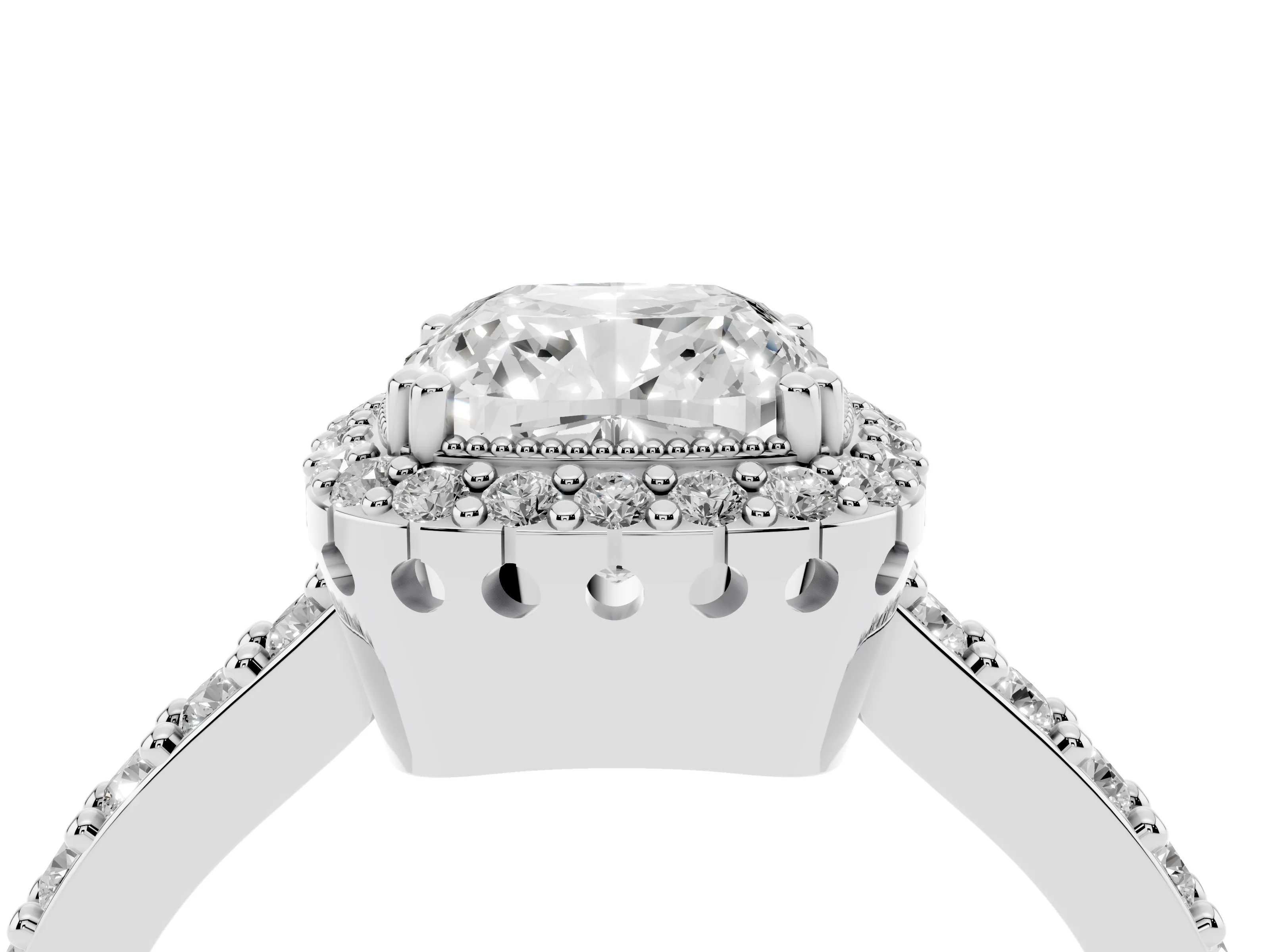 Cushion Cut Diamond Halo Engagement Ring Set in White gold with Milgrain Detail and Pavé Band