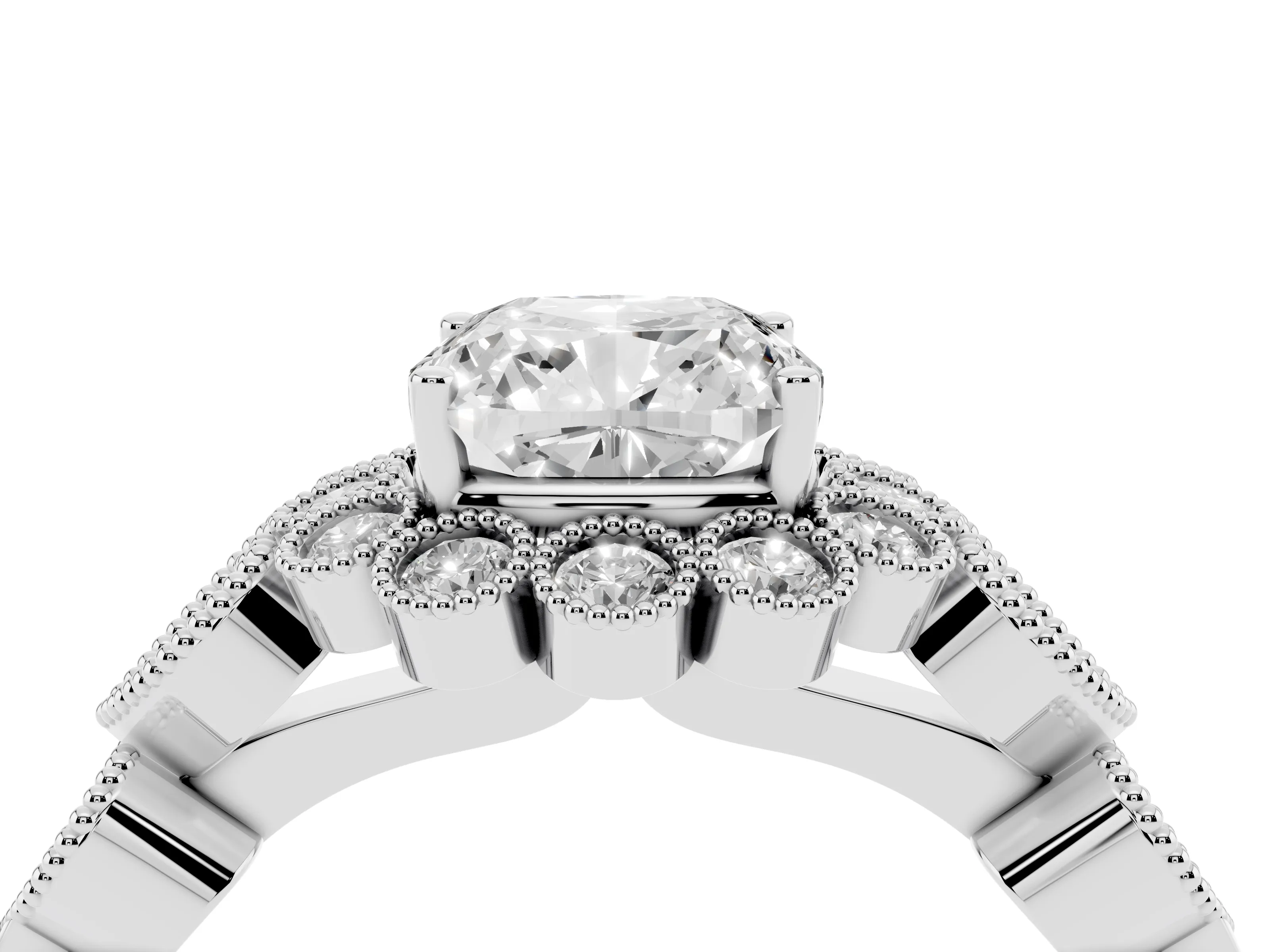 Cushion Cut Diamond Solitaire Ring Set in Platinum with Milgrain Pavé Heart Band