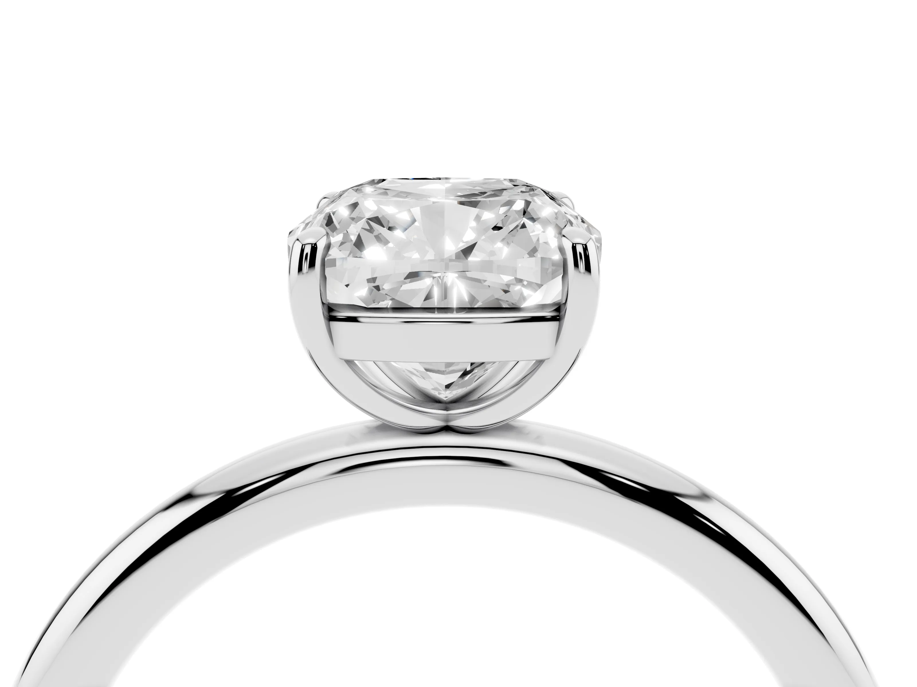 Cushion Cut Diamond Solitaire Ring Set in White gold with Prong Setting on a Polished Plain Band