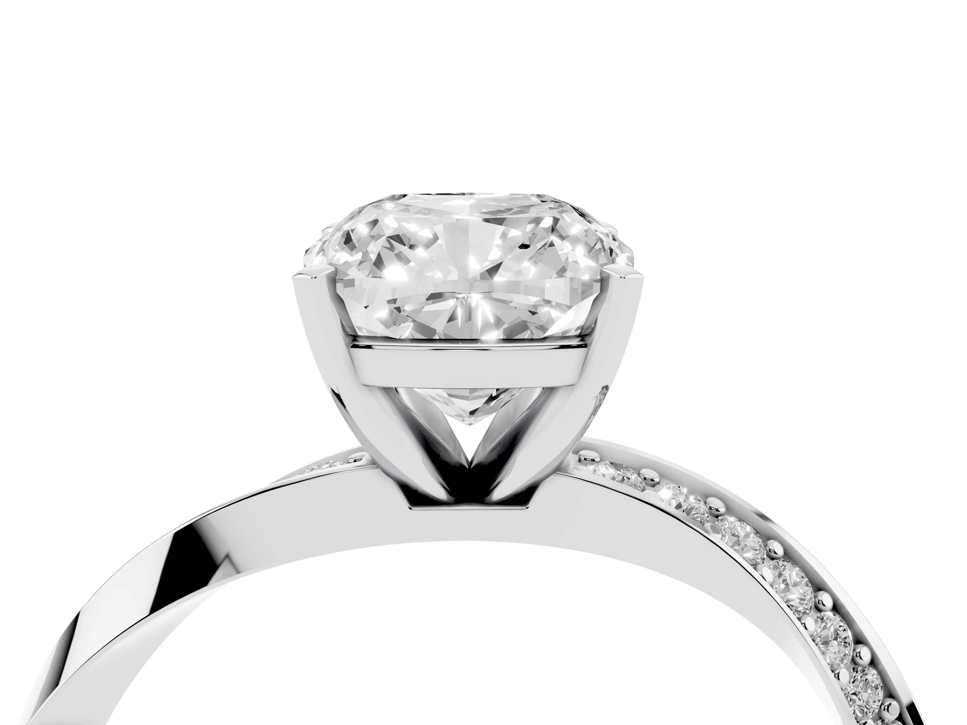 Cushion Cut Diamond Engagement Ring Set in White gold with Side Stone Accents and Prong Setting