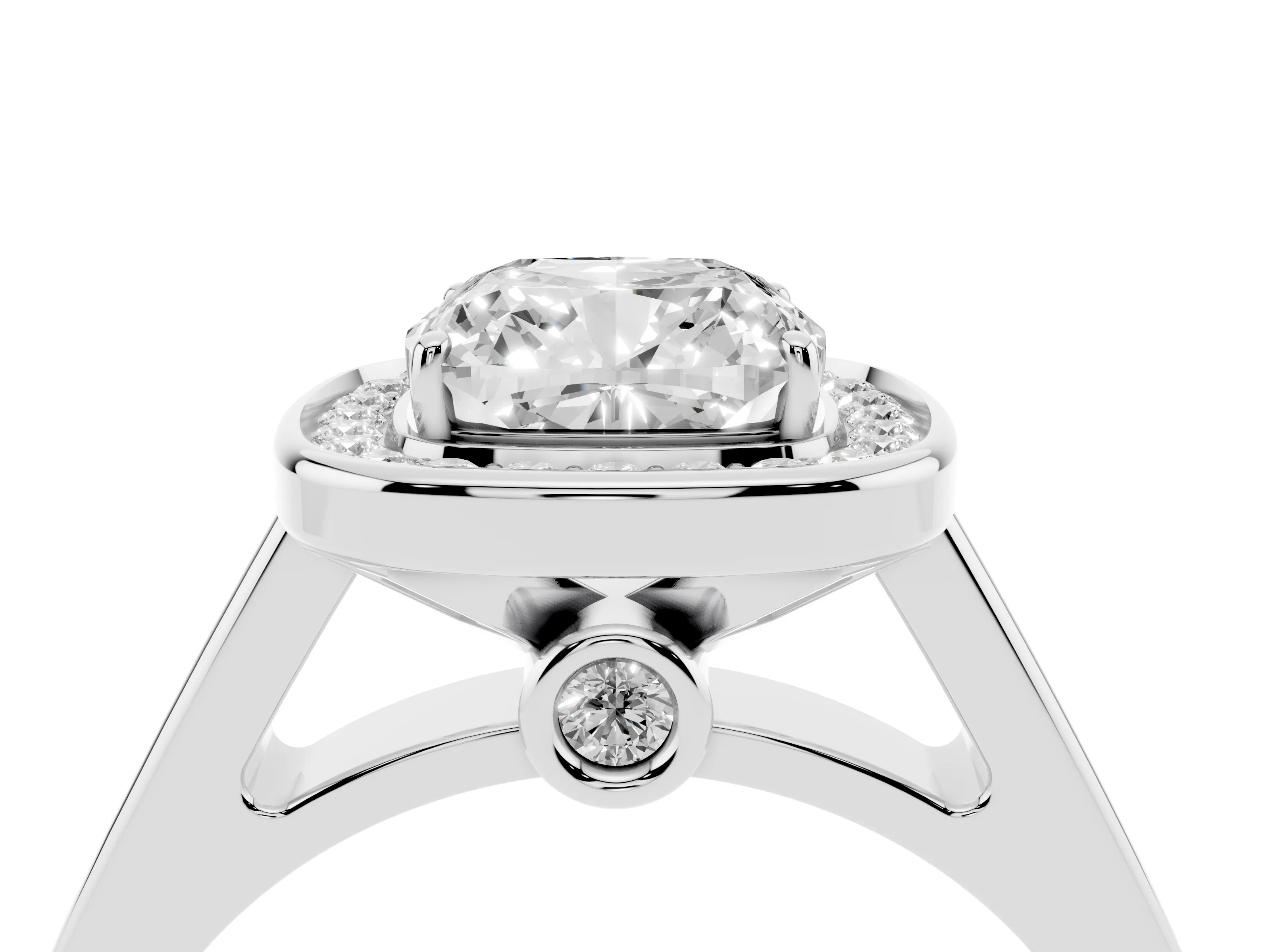 Cushion Cut Diamond Halo Solitaire Ring Set in White gold with Pavé Band and Bezel Setting