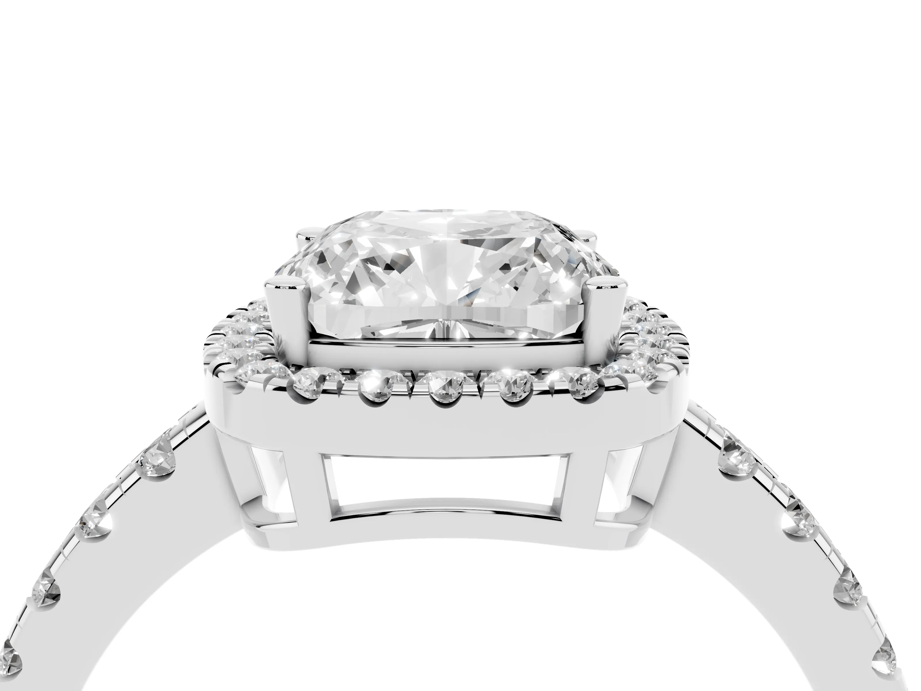 Cushion Cut Diamond Halo Ring Set in Silver with Delicate Pavé Band and Prong Setting