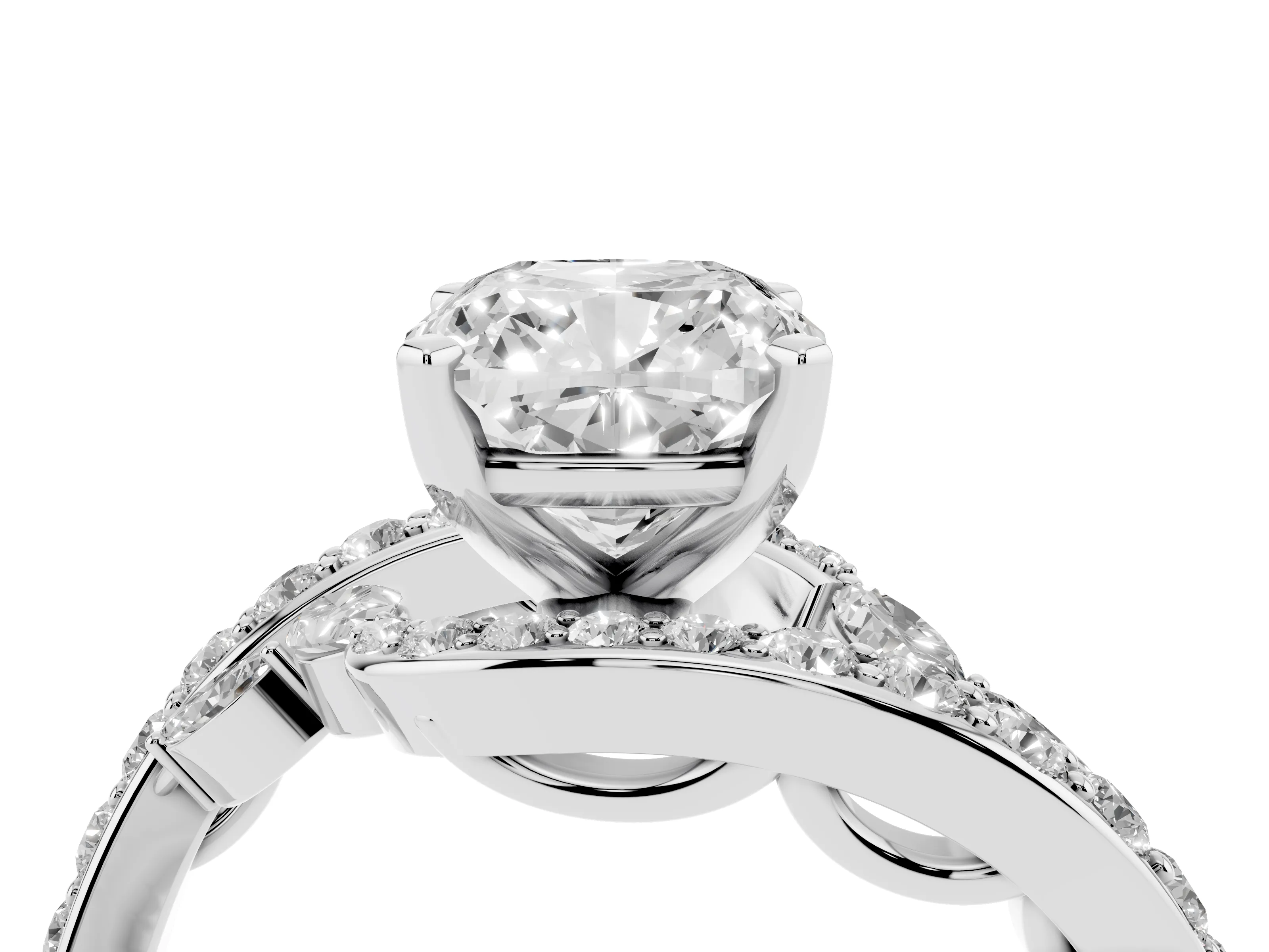 Cushion Cut Diamond Solitaire Ring Set in Platinum with Pavé Twist Band and Secure Prong Setting