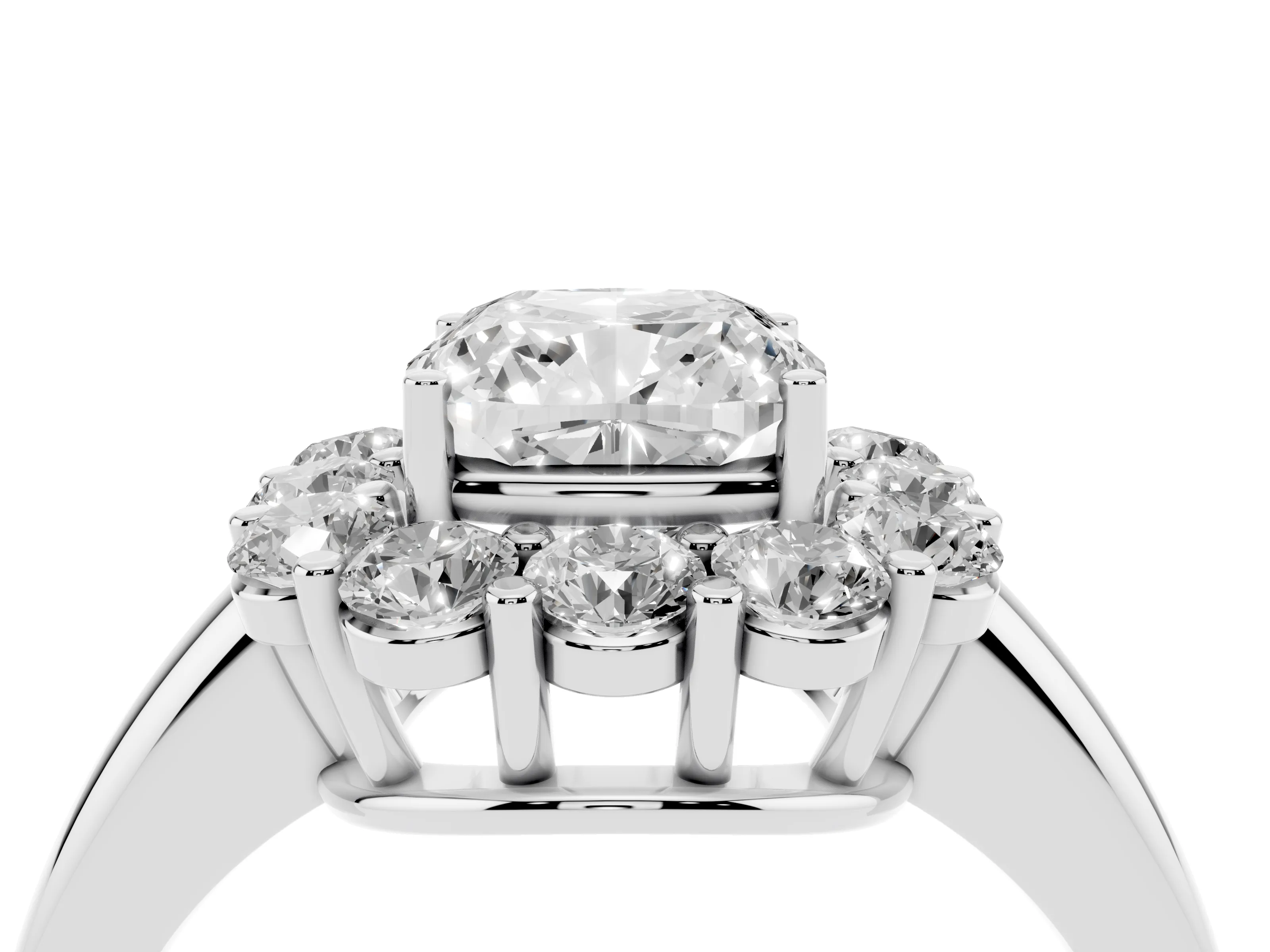 Cushion Cut Diamond Halo Cluster Engagement Ring Set in White gold with Polished Band and Prong Setting