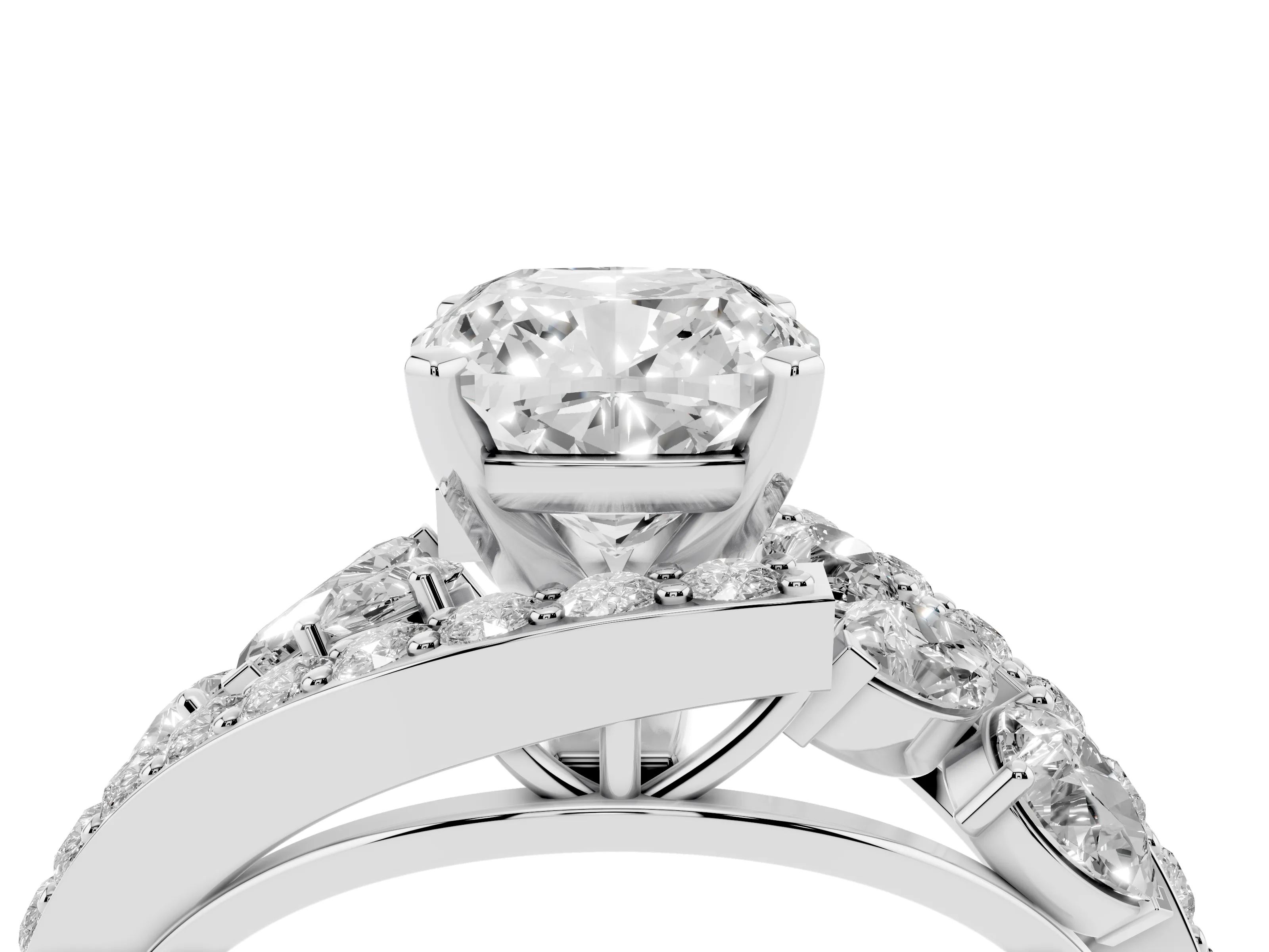 Cushion Cut Diamond Halo Ring Set in Platinum with Marquise and Pavé Band in Prong Setting