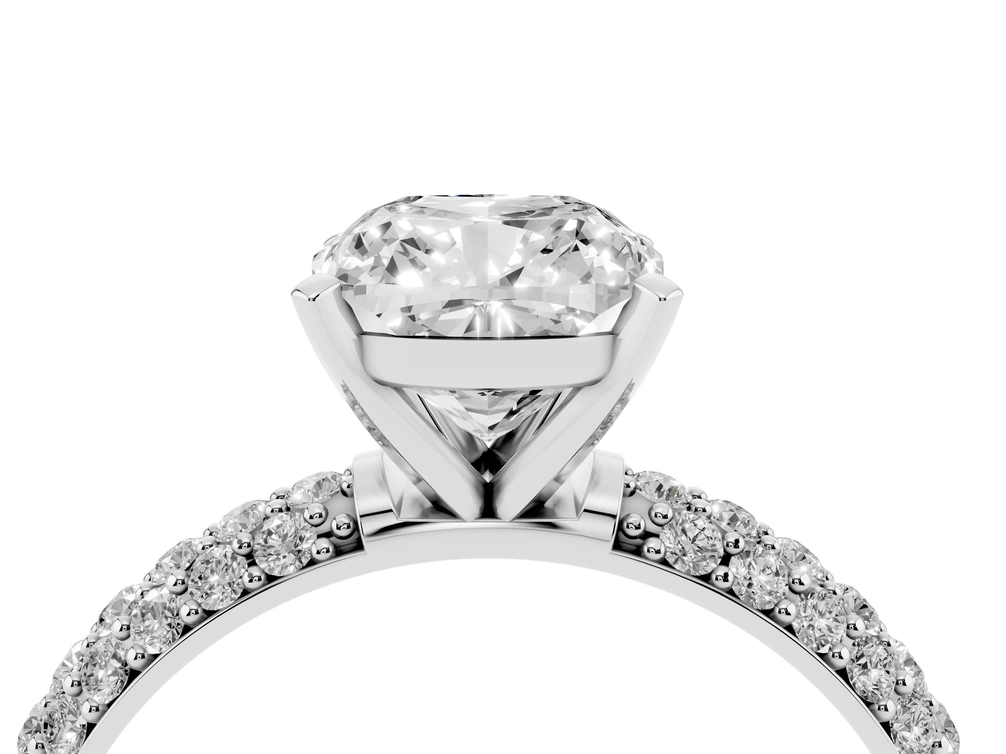 Cushion Cut Diamond Solitaire Ring Set in White gold with Prong Setting and Pavé-Set Band
