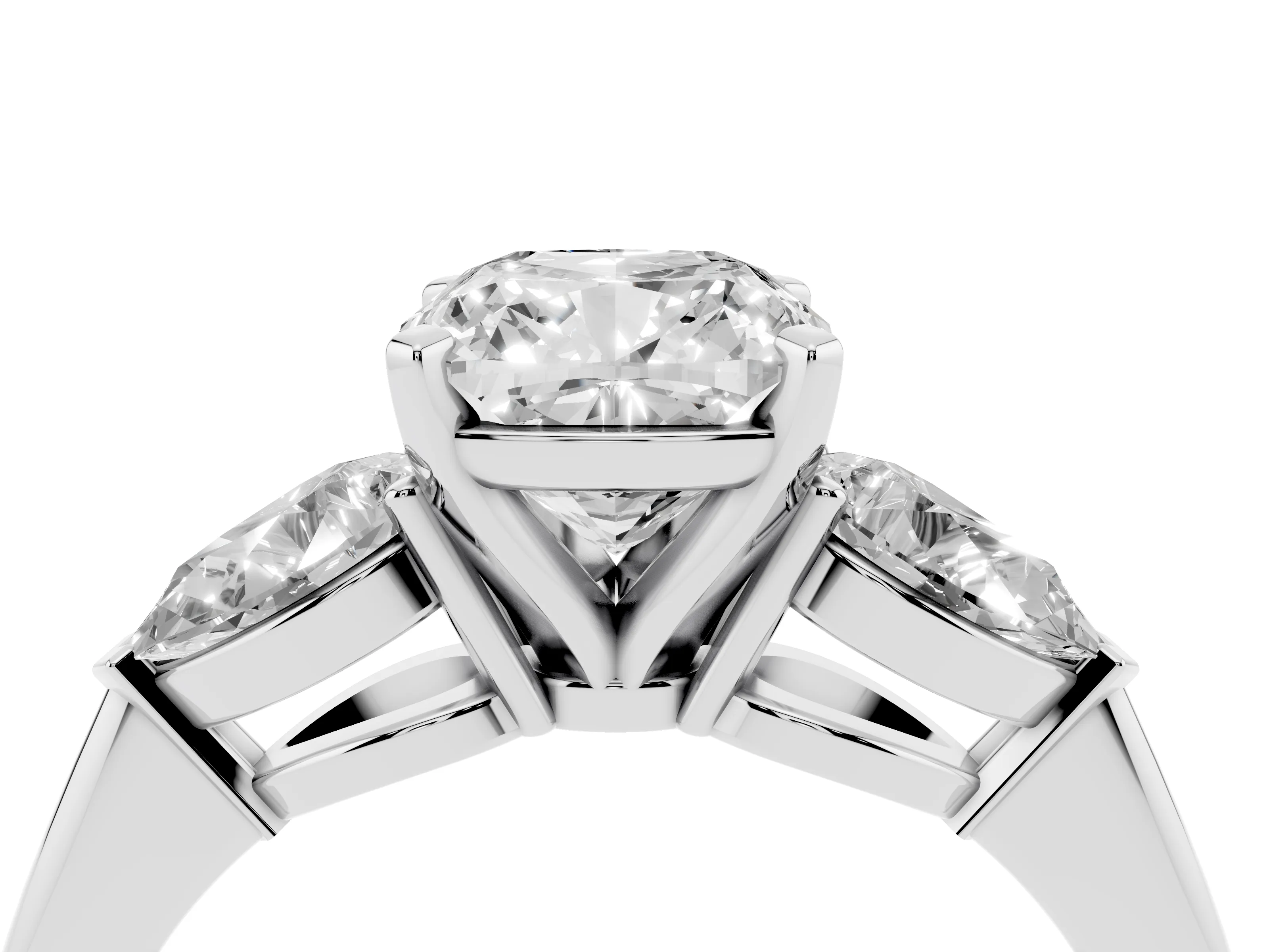 Three-Stone Cushion Cut Diamond Ring Set in Silver with Pear Side Stones and Prong Setting
