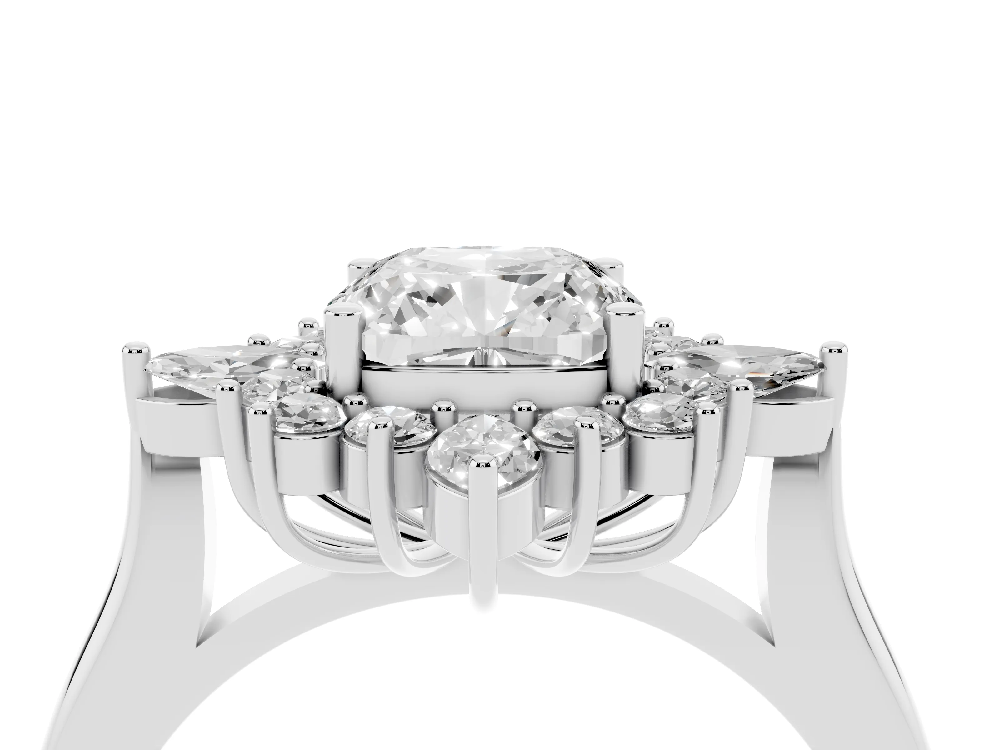 Cushion Cut Diamond Cluster Halo Ring Set in Silver with Marquise and Round Accents