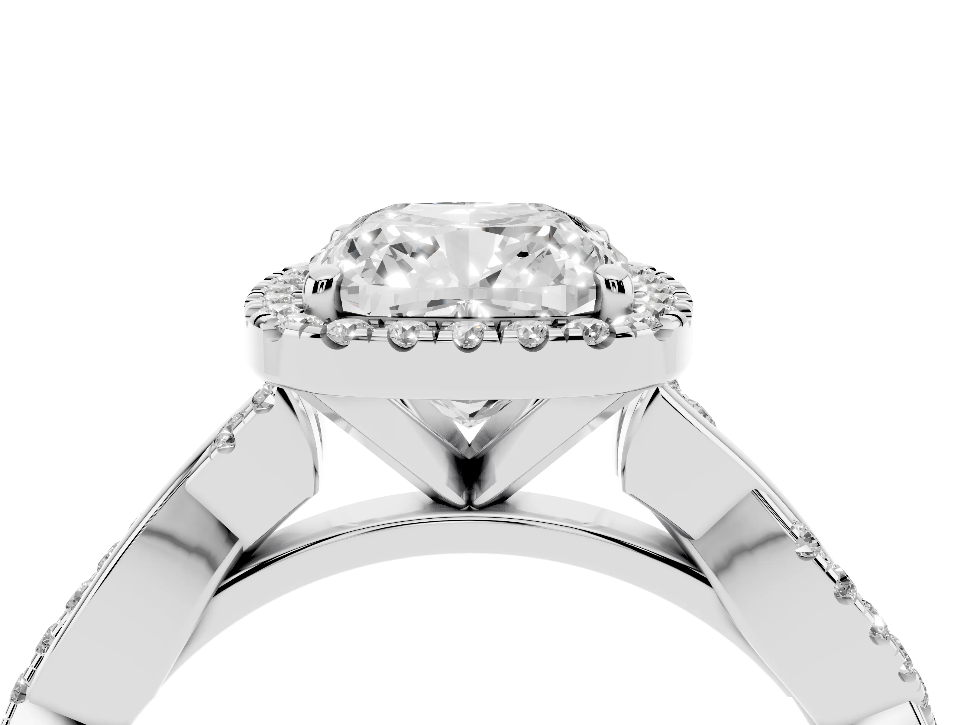 Cushion Cut Diamond Halo Twisted Band Ring Set in Silver with Prong Setting