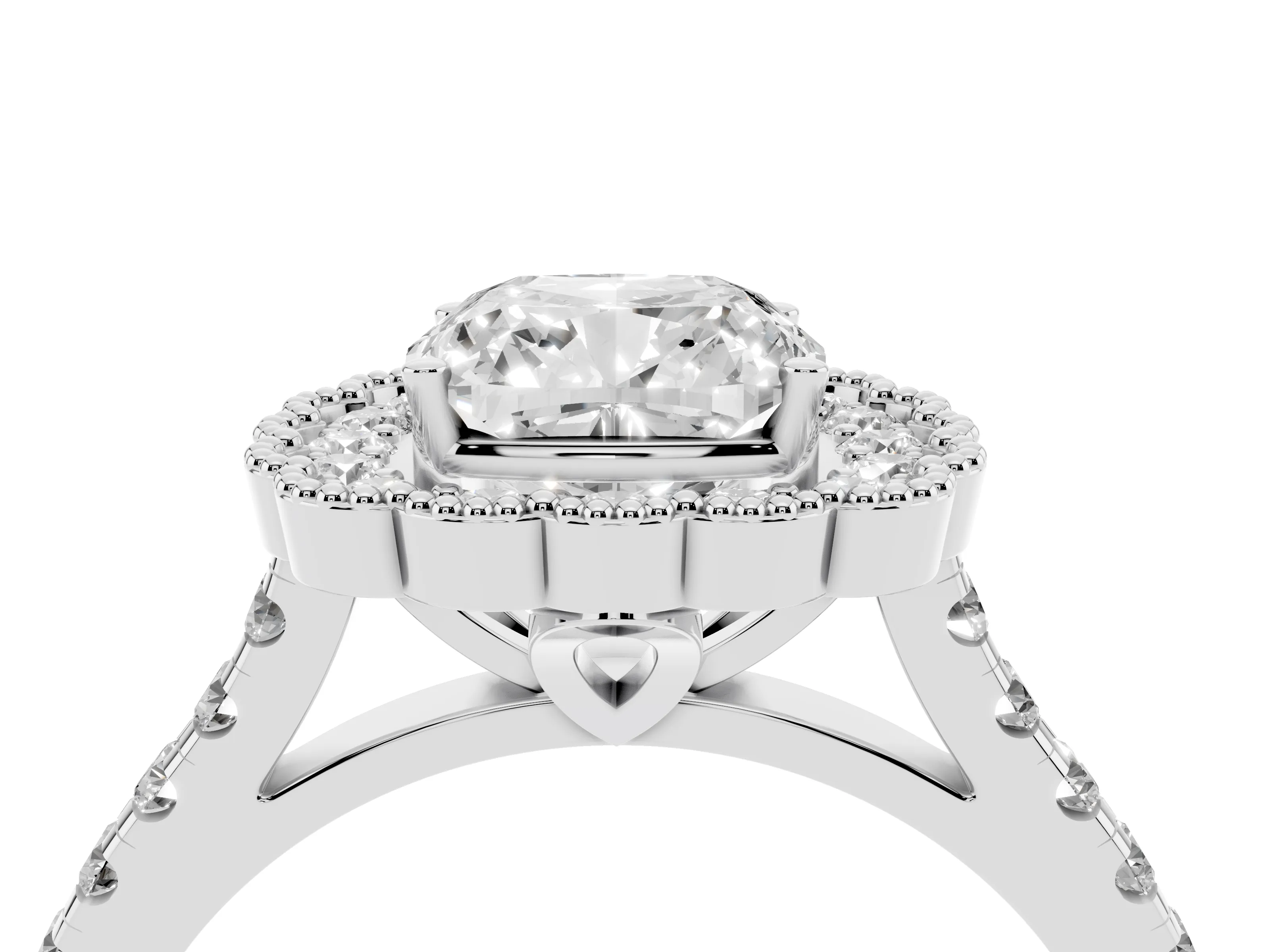 Cushion Cut Diamond Milgrain Floral Halo Engagement Ring Set in Platinum with Pavé Band
