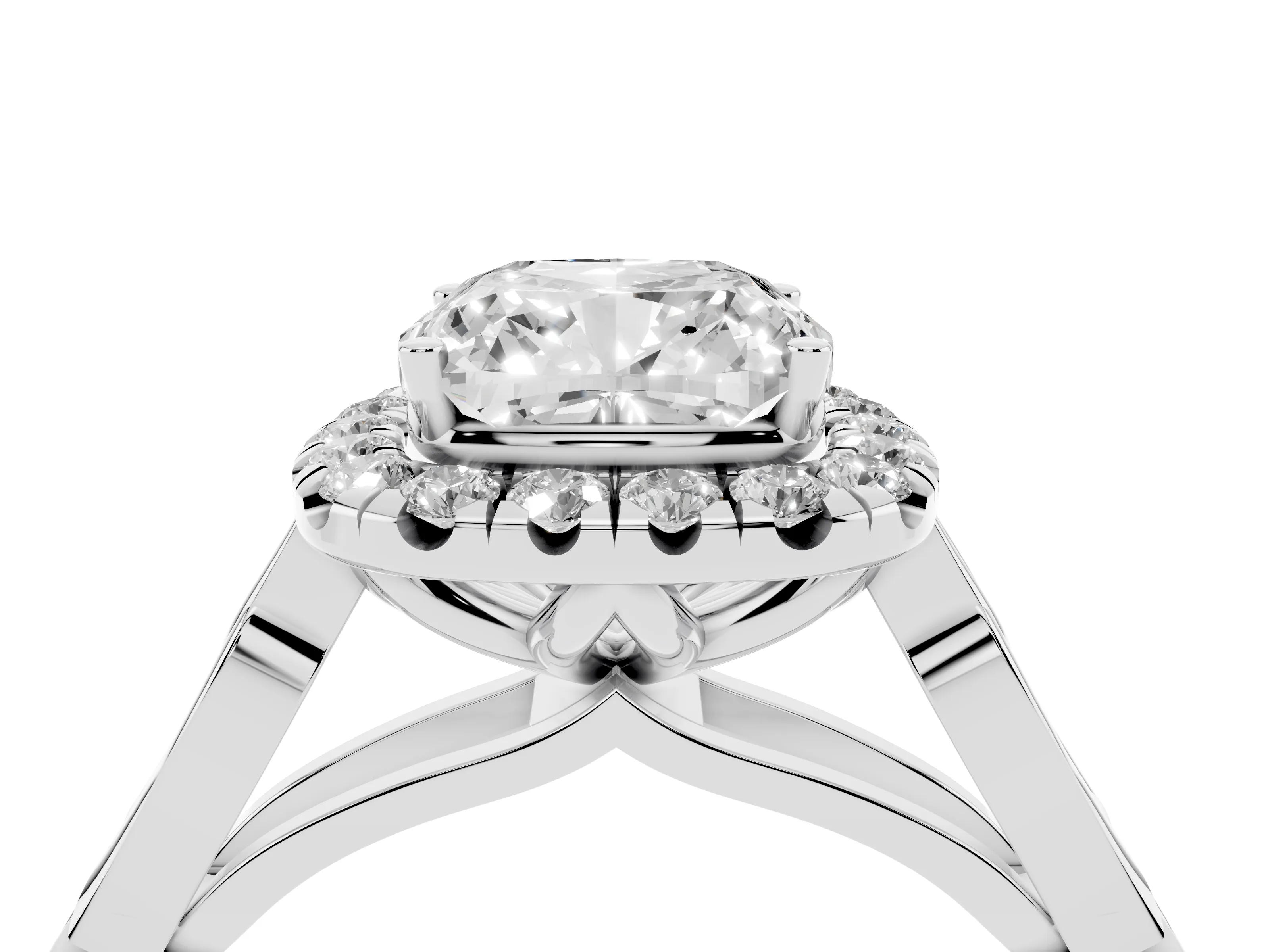 Cushion Cut Diamond Halo Engagement Ring Set in Platinum with Filigree Band and Prong-Set Center