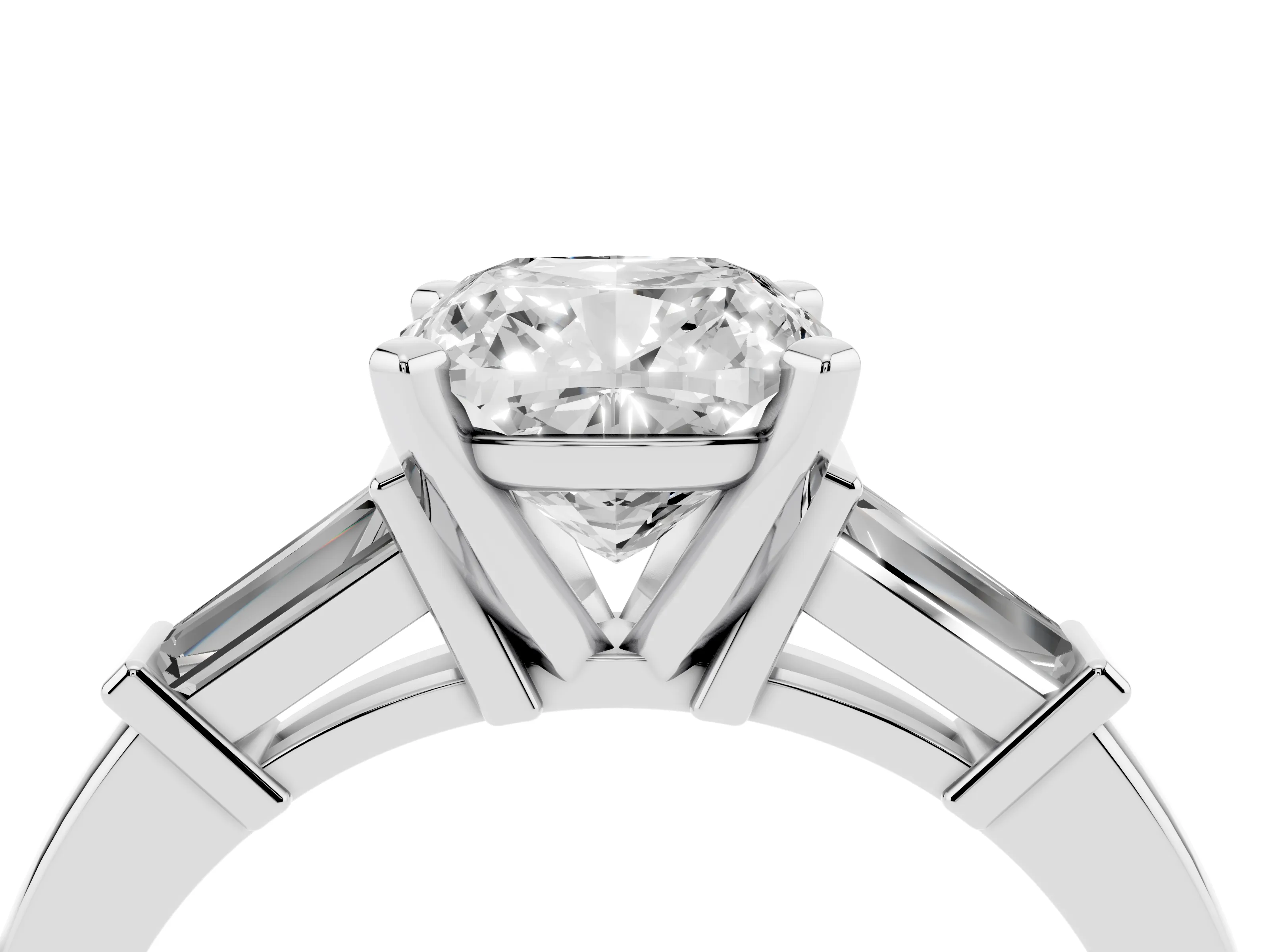 Cushion Cut Diamond Solitaire Ring Set in Silver with Tapered Baguette Accents and Prong Setting