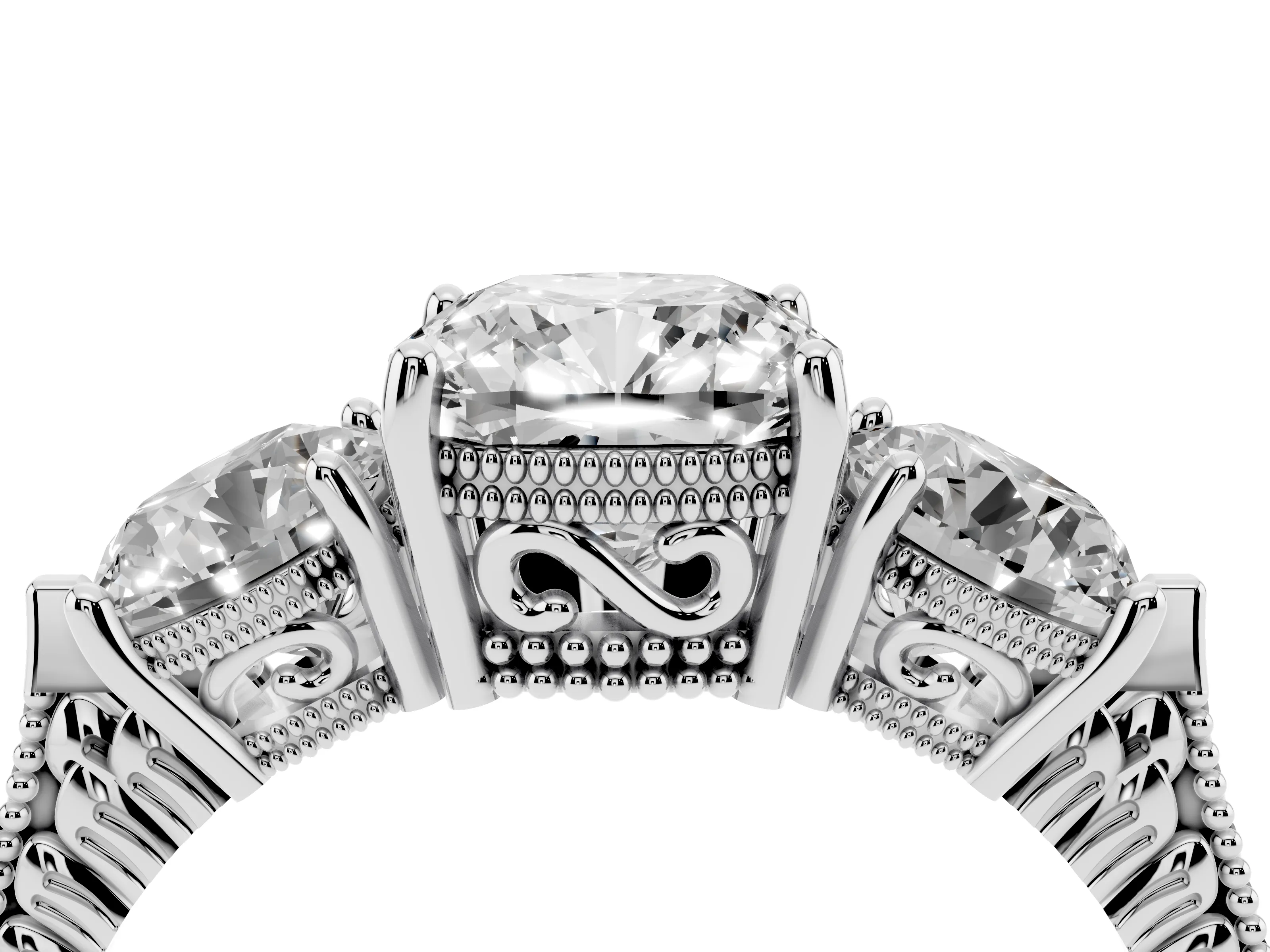 Cushion Cut Diamond Three-Stone Ring Set in Silver with Milgrain Band