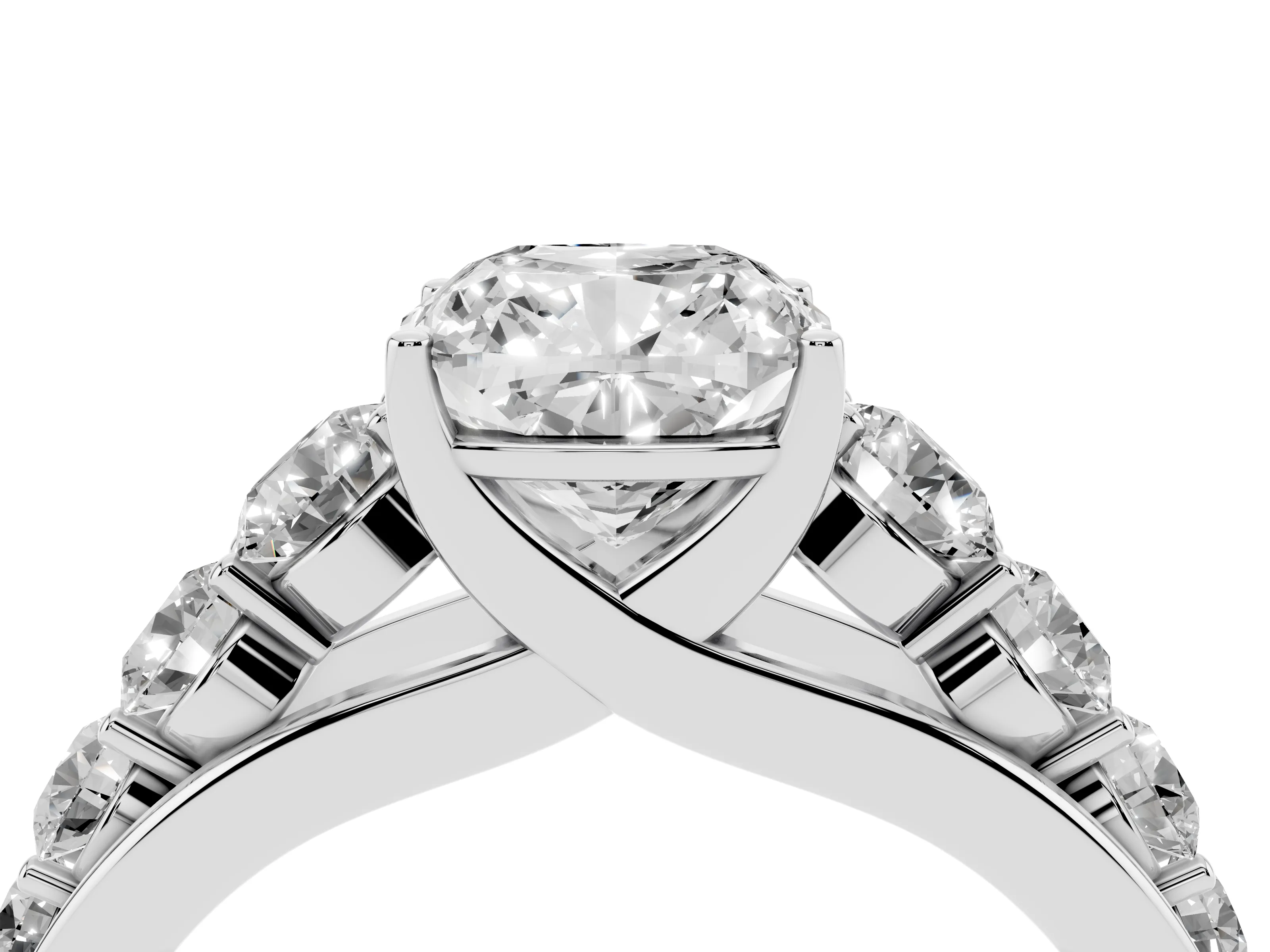 Cushion Cut Diamond Solitaire Ring Set in White gold with Pavé-Set Band and Prong Setting