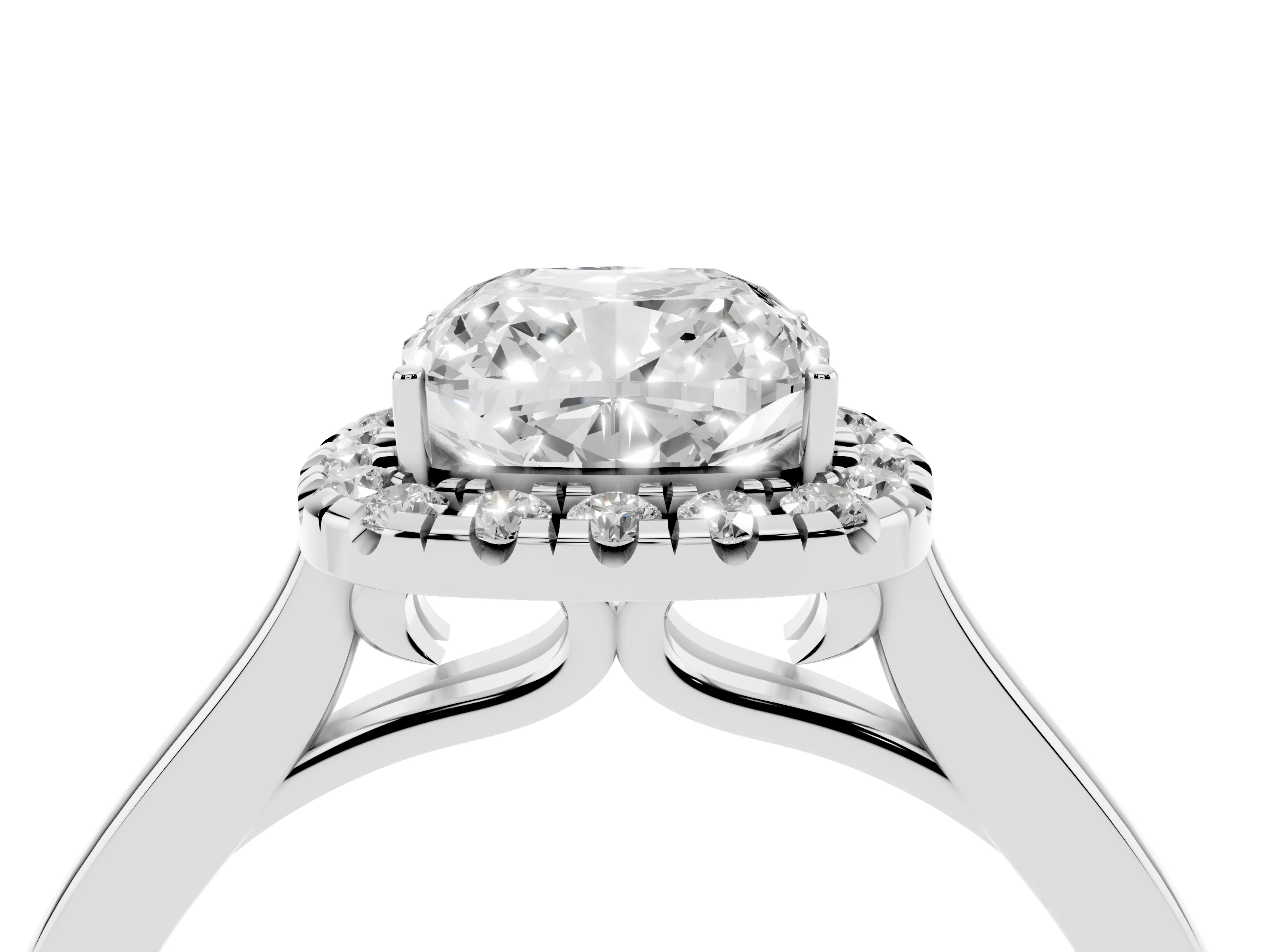 Cushion Cut Halo Round Diamond Solitaire Ring Set in Platinum with Pavé Band and Prong Setting