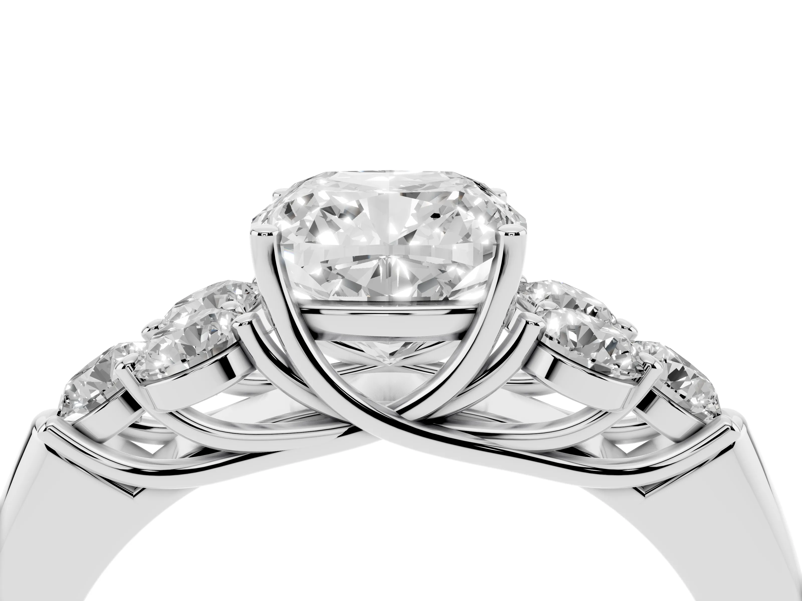Cushion Cut Diamond Cluster Ring Set in White gold with Round Accent Stones and Prong Setting on a Plain Band