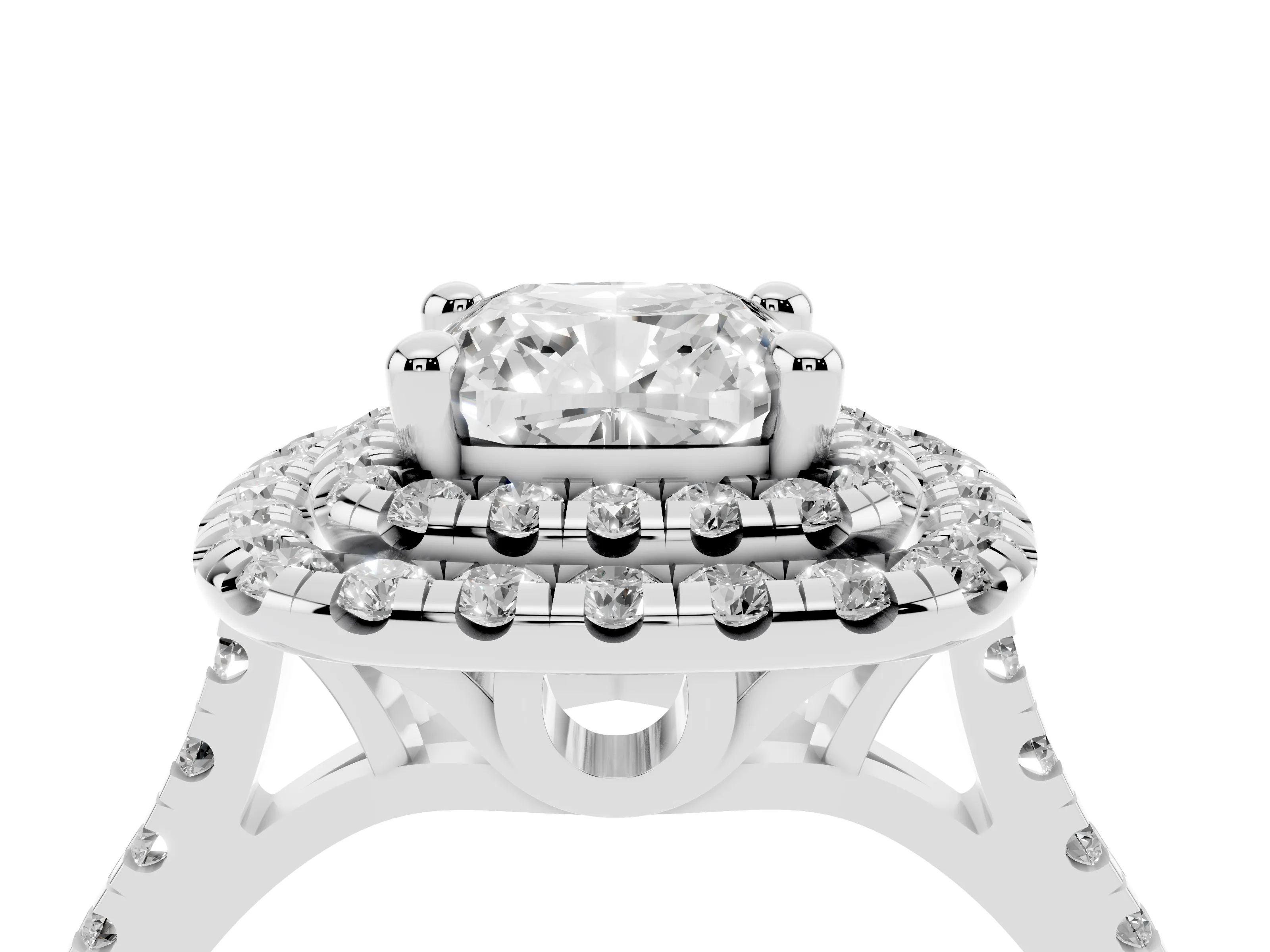 Cushion Cut Diamond Double Halo Statement Ring Set in Platinum with Pavé Band