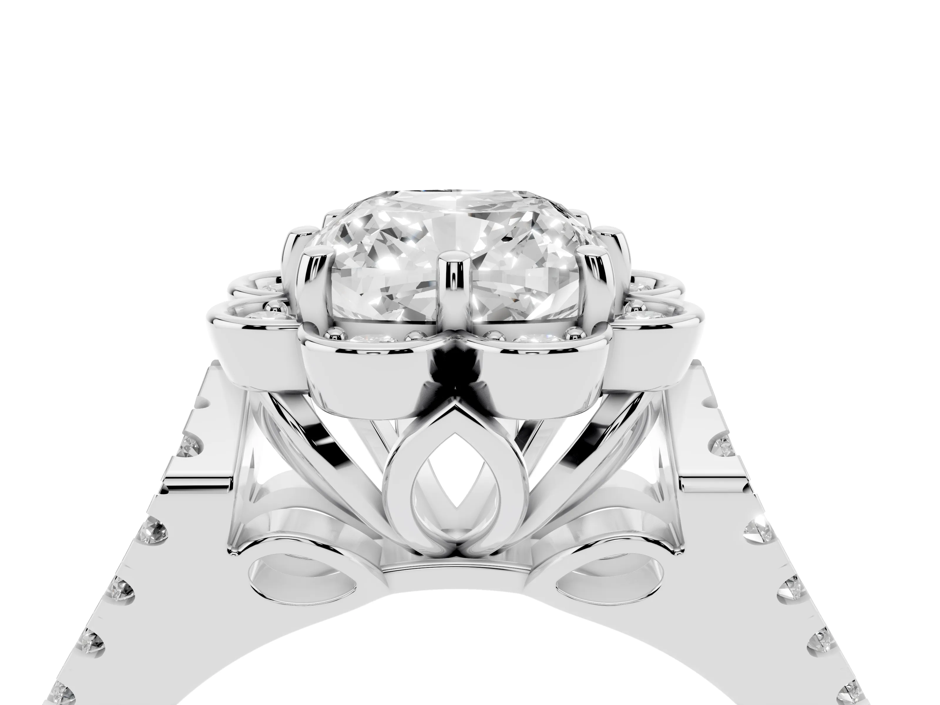 Cushion Cut Diamond Floral Halo Split Shank Engagement Ring Set in Platinum with Pavé Shank