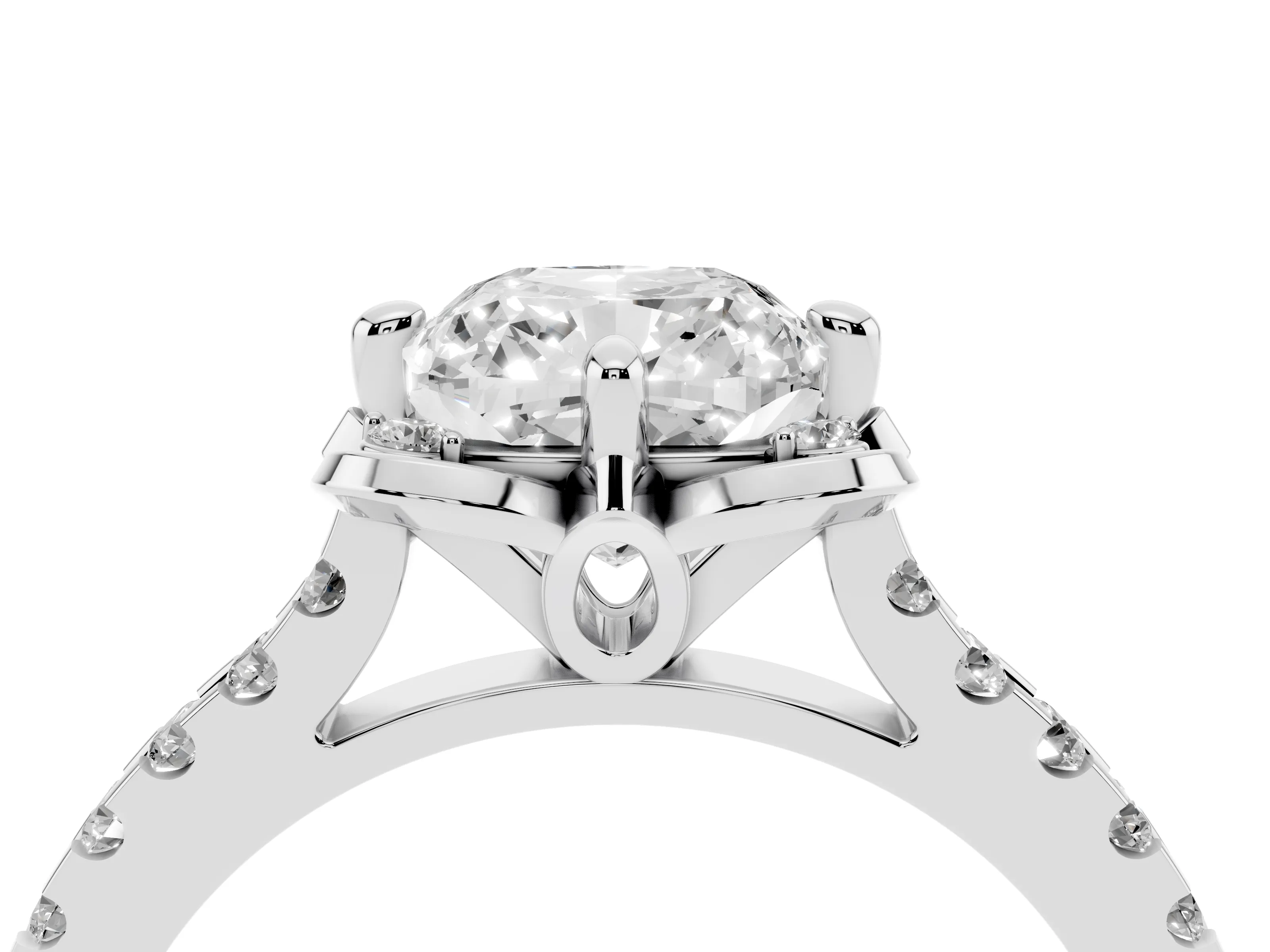 Cushion Cut Diamond Solitaire Ring Set in White gold with Pavé Band and Floral Prong Setting