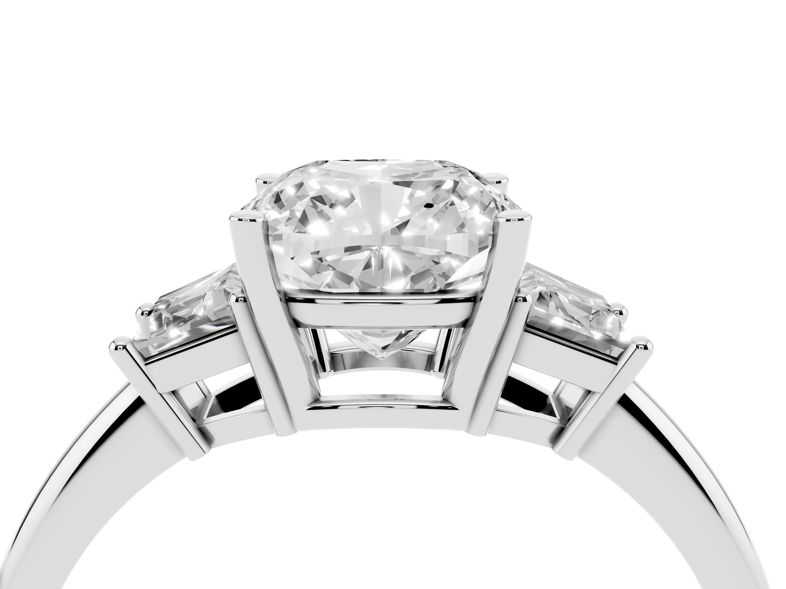 Cushion Cut Diamond Three-Stone Ring Set in Silver with Trapezoid Side Stones and Prong Setting