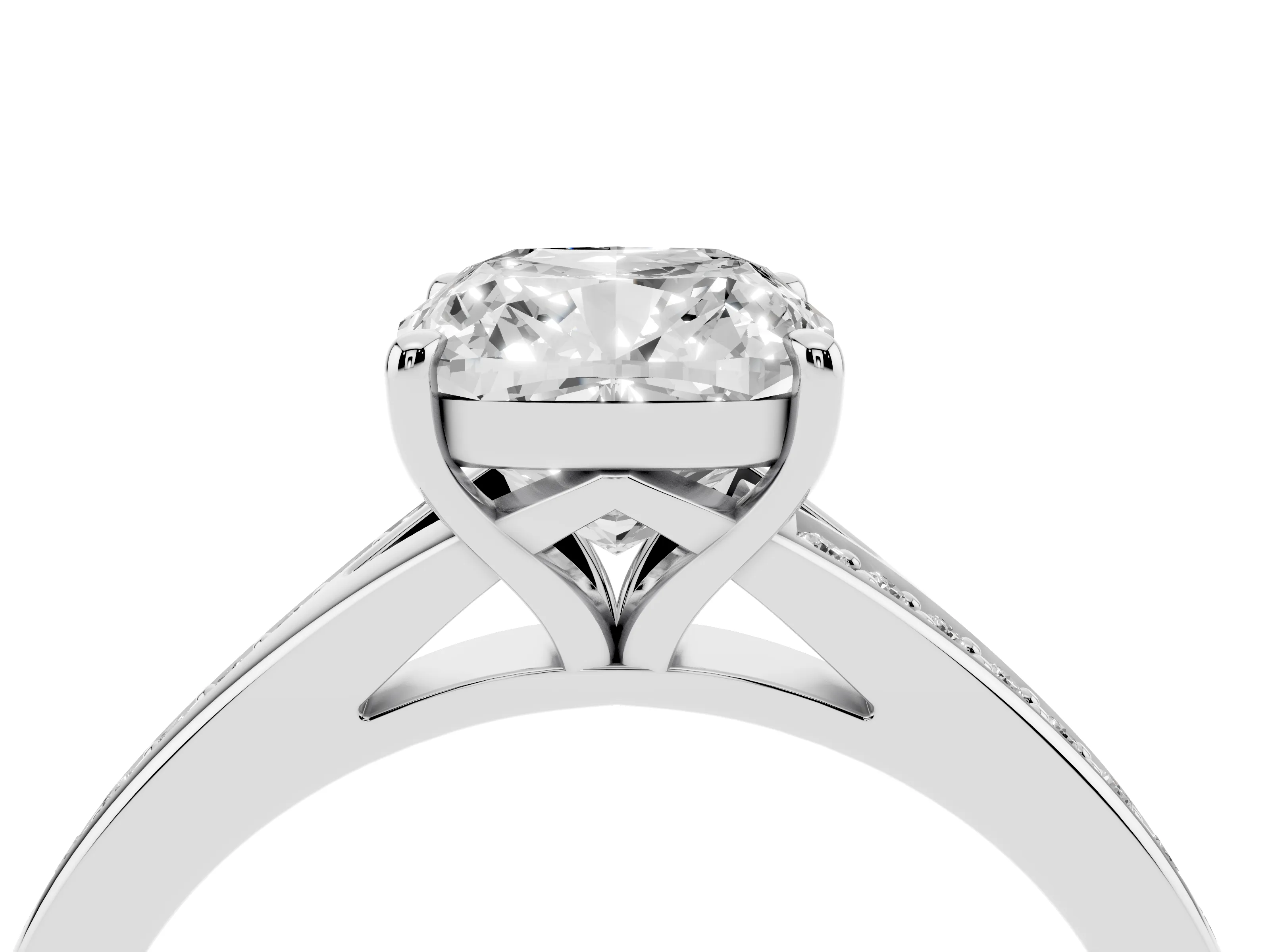 Cushion Cut Diamond Solitaire Ring Set in Silver with Pavé Accent Band and Classic Prong Setting