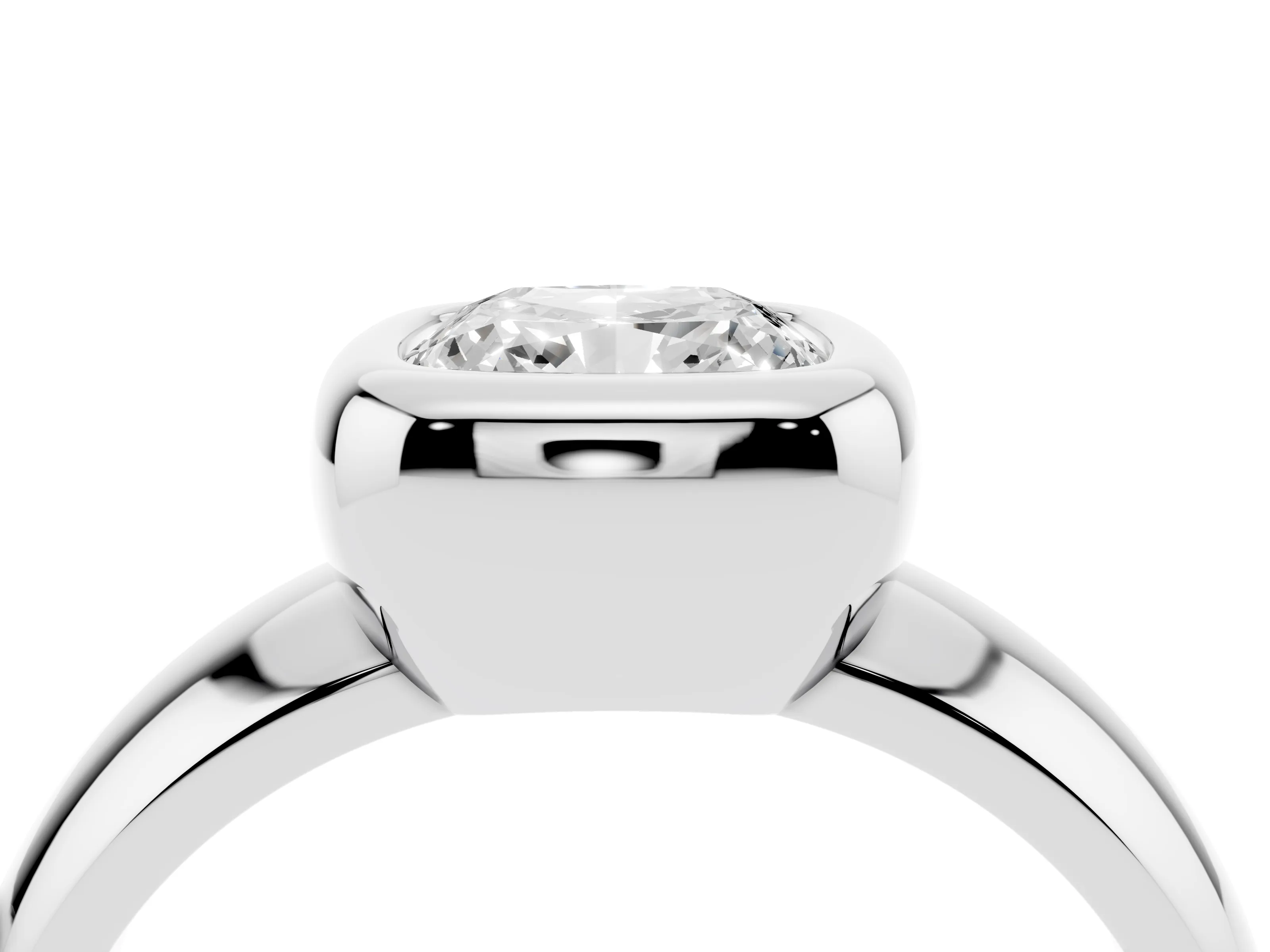 Bezel Set Cushion Cut Diamond Solitaire Ring Set in Platinum with Wide Band