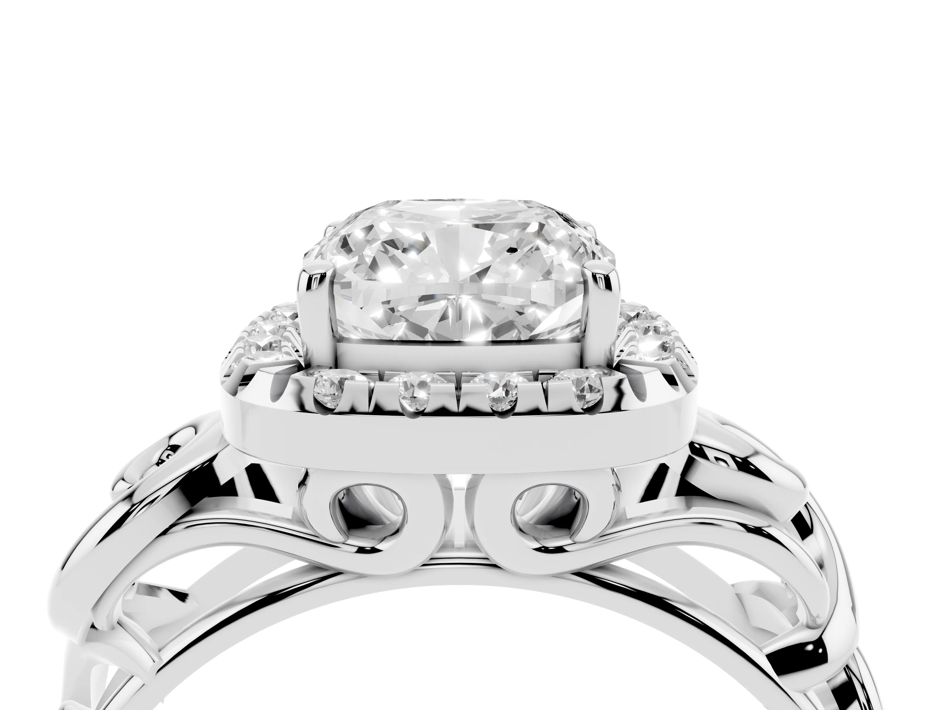 Cushion Cut Diamond Halo Ring Set in Platinum with Scrollwork Band and Prong Setting