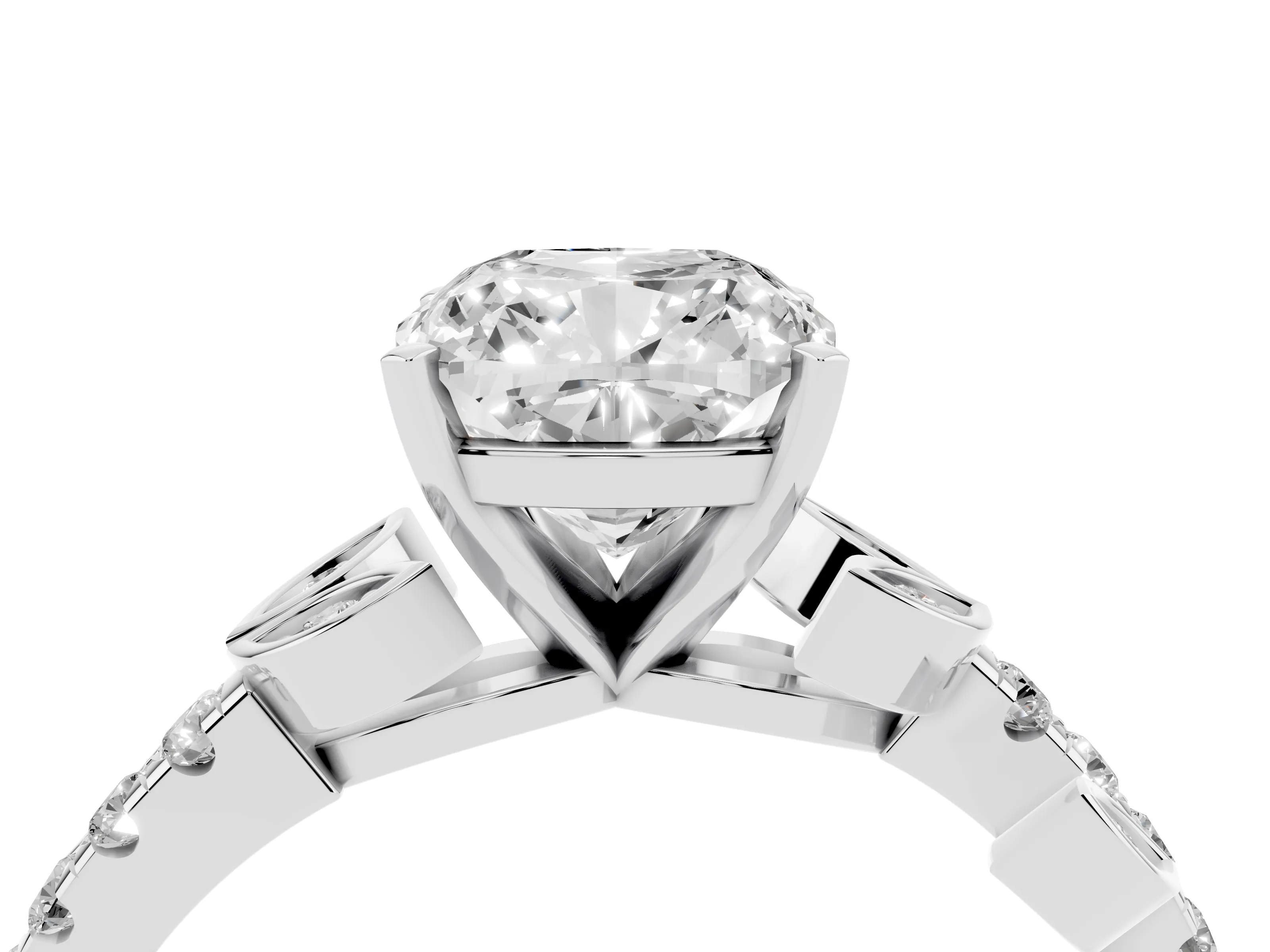 Cushion Cut Diamond Solitaire Leaf-Inspired Ring Set in Platinum with Pavé Band and Prong Setting
