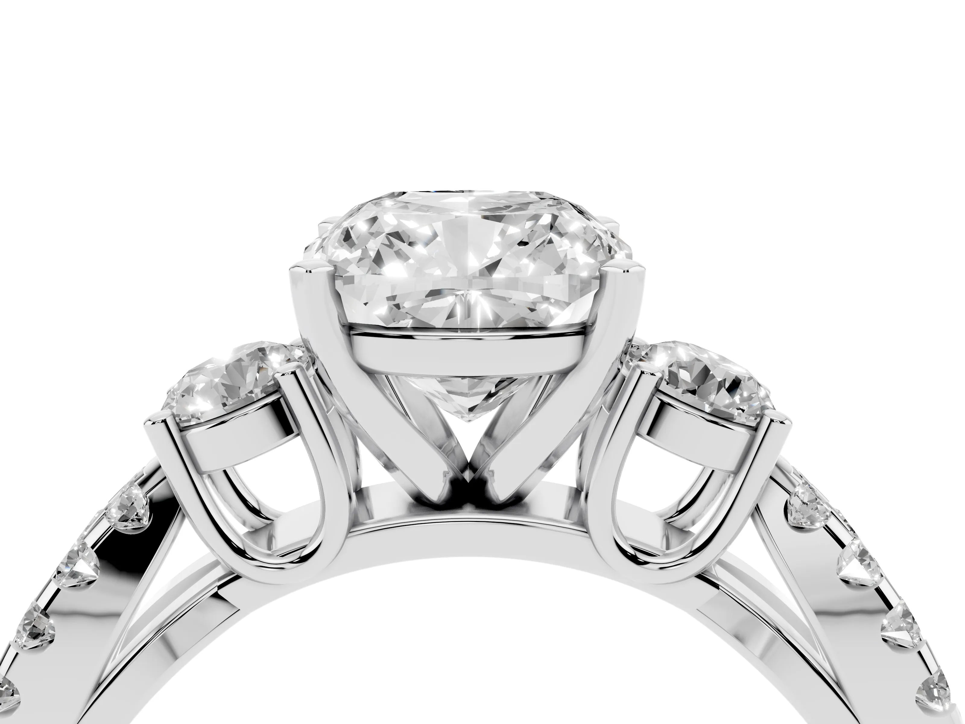 Cushion Cut Diamond Three-Stone Ring Set in Silver with Pavé Split Shank and Prong Setting
