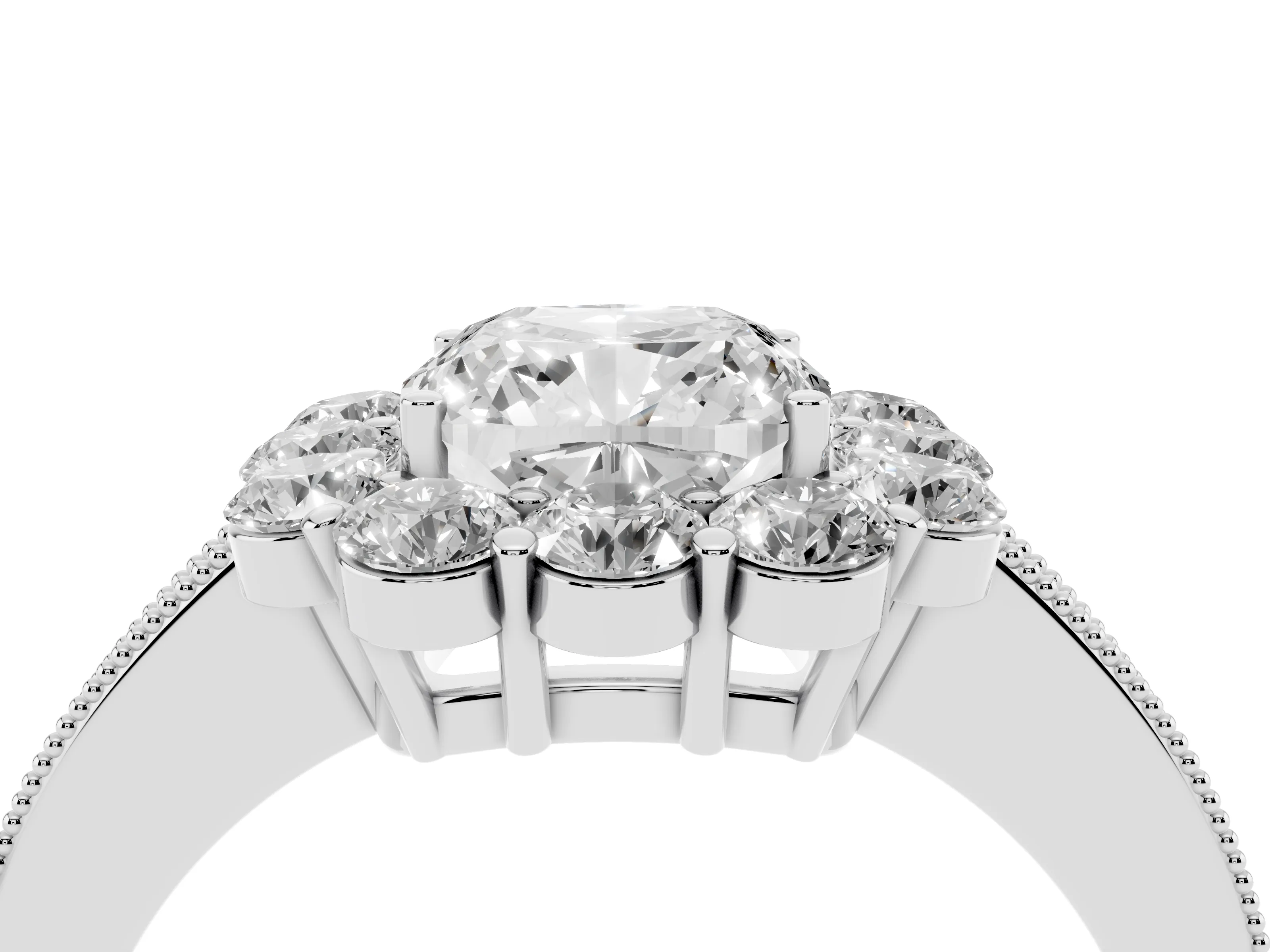 Cushion Cut Diamond Halo Pavé Engagement Ring Set in White gold with Milgrain Detailing