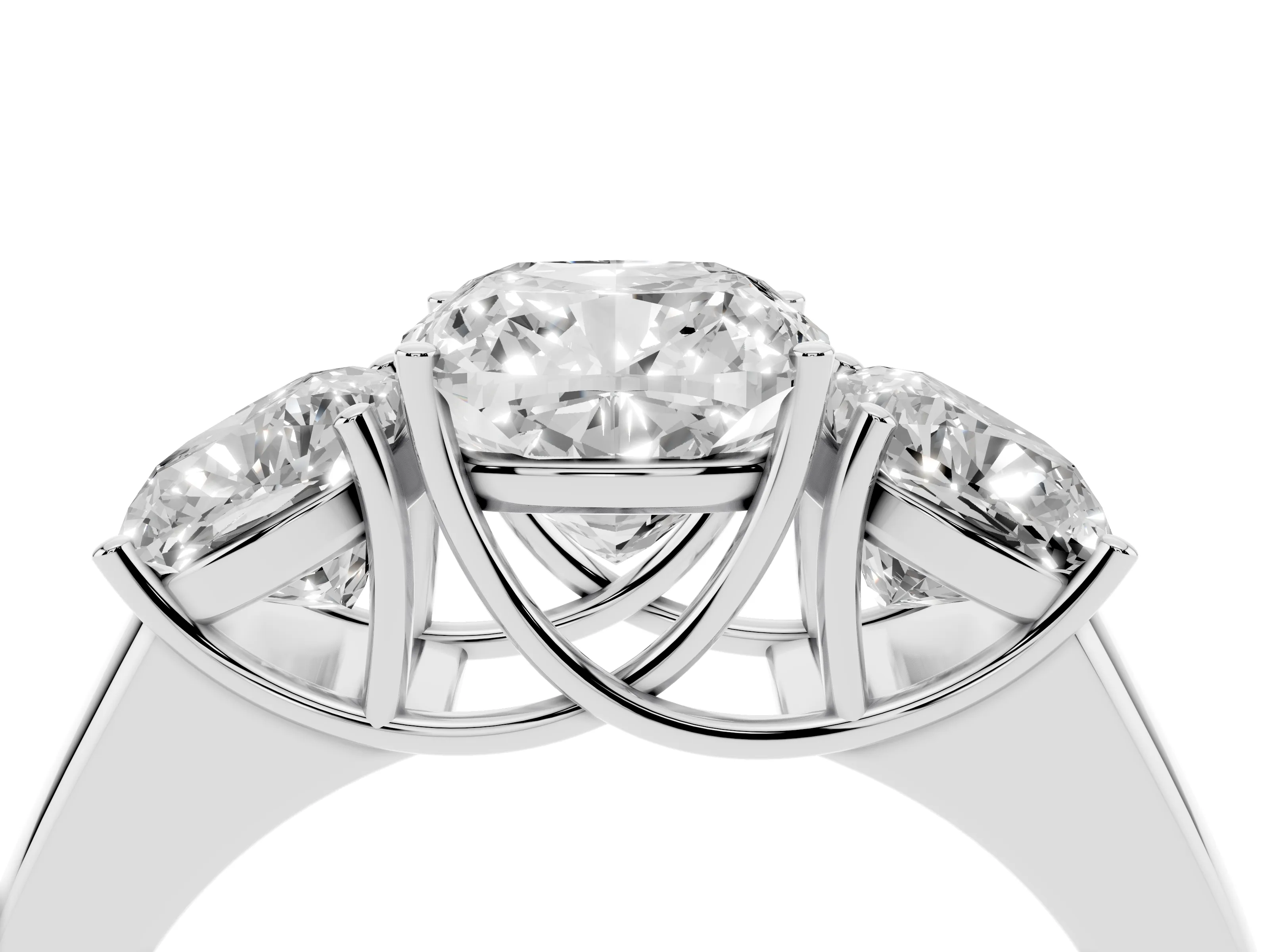 Three-Stone Cushion Cut Diamond Ring Set in Platinum with Matching Prong Settings and Plain Band