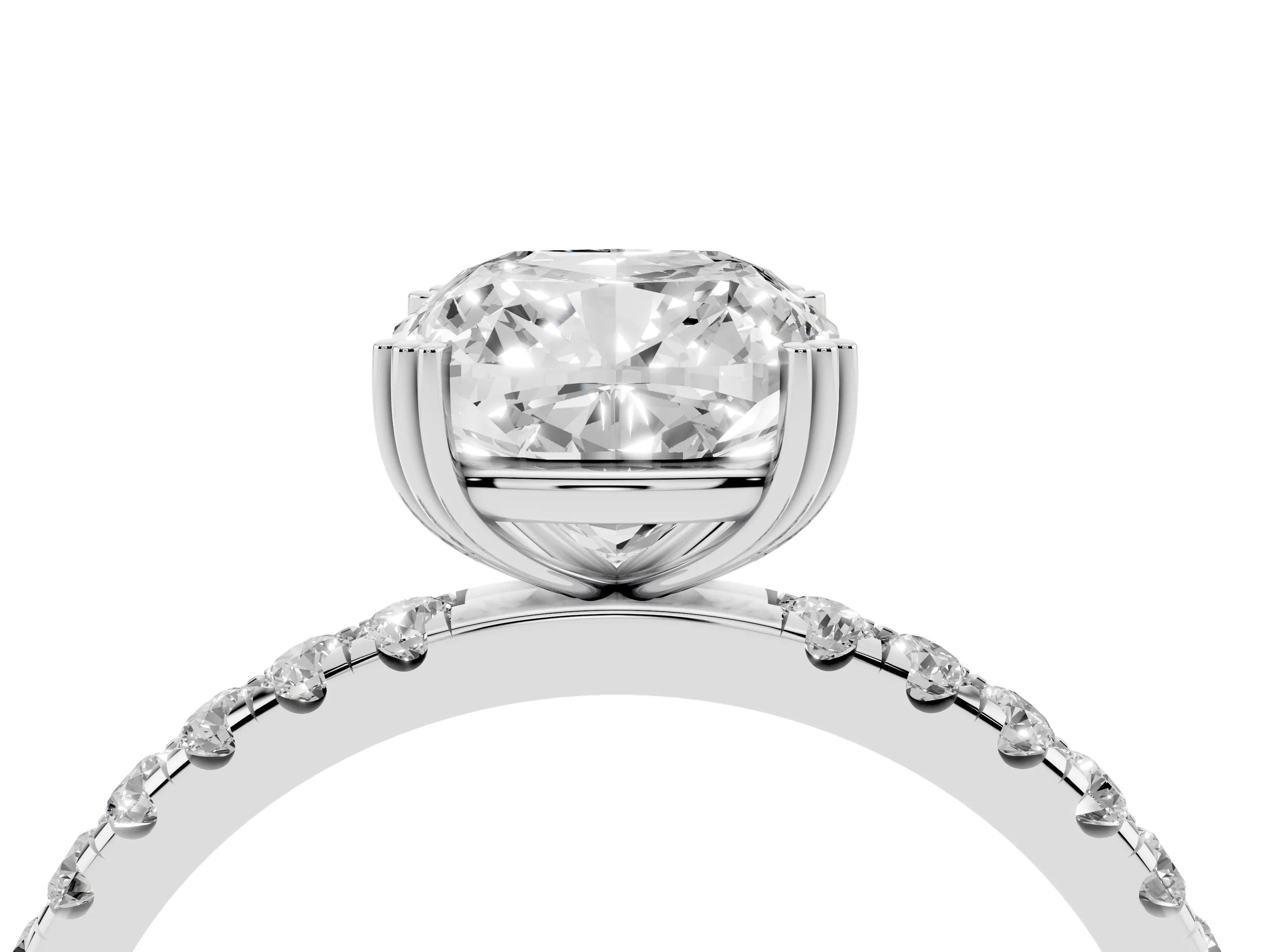 Cushion Cut Diamond Brilliant Solitaire Set in Silver with Pavé Band and Claw Prong Setting