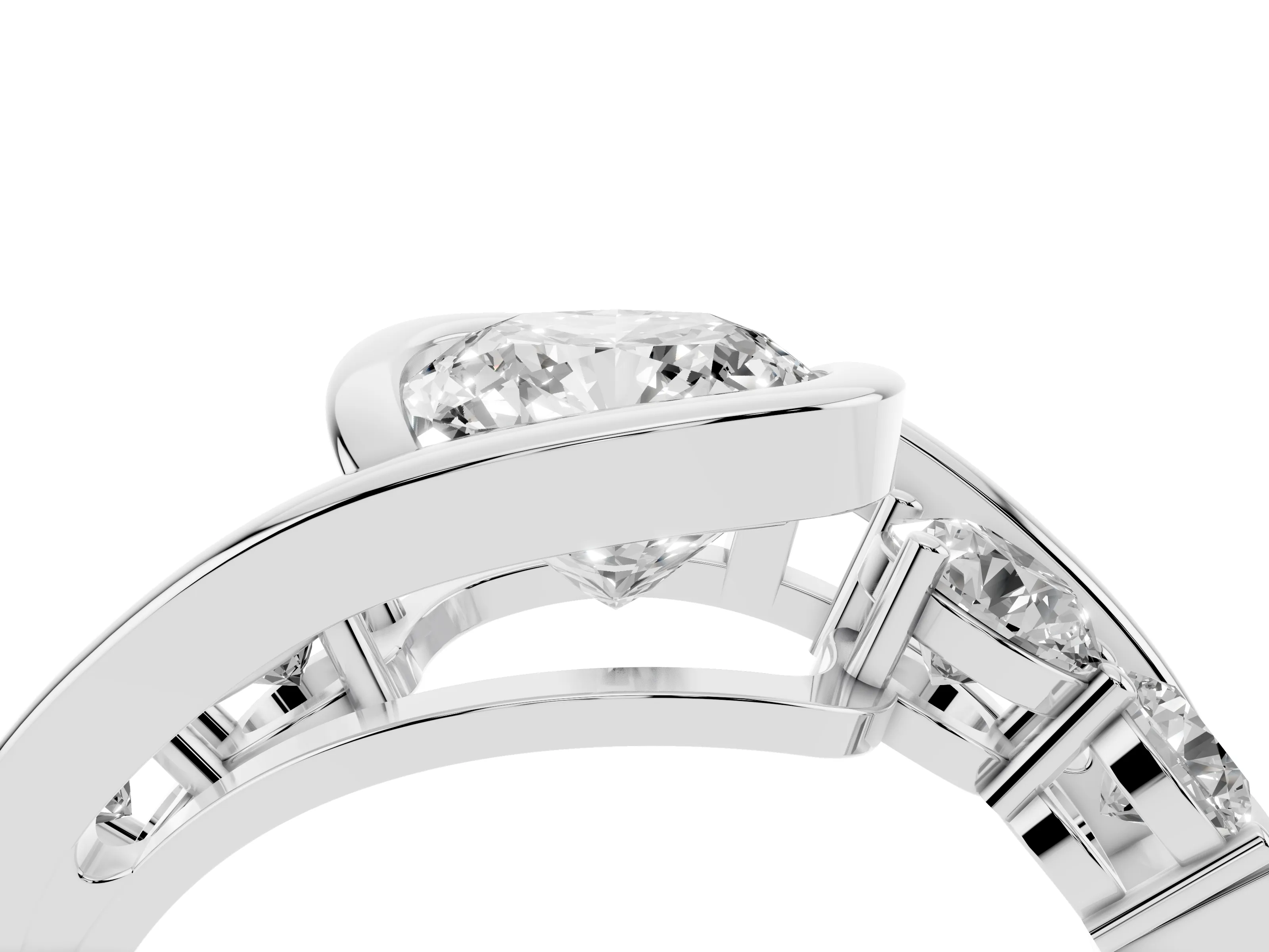Cushion Cut Diamond Bezel Bypass Ring Set in Platinum with Round Accents