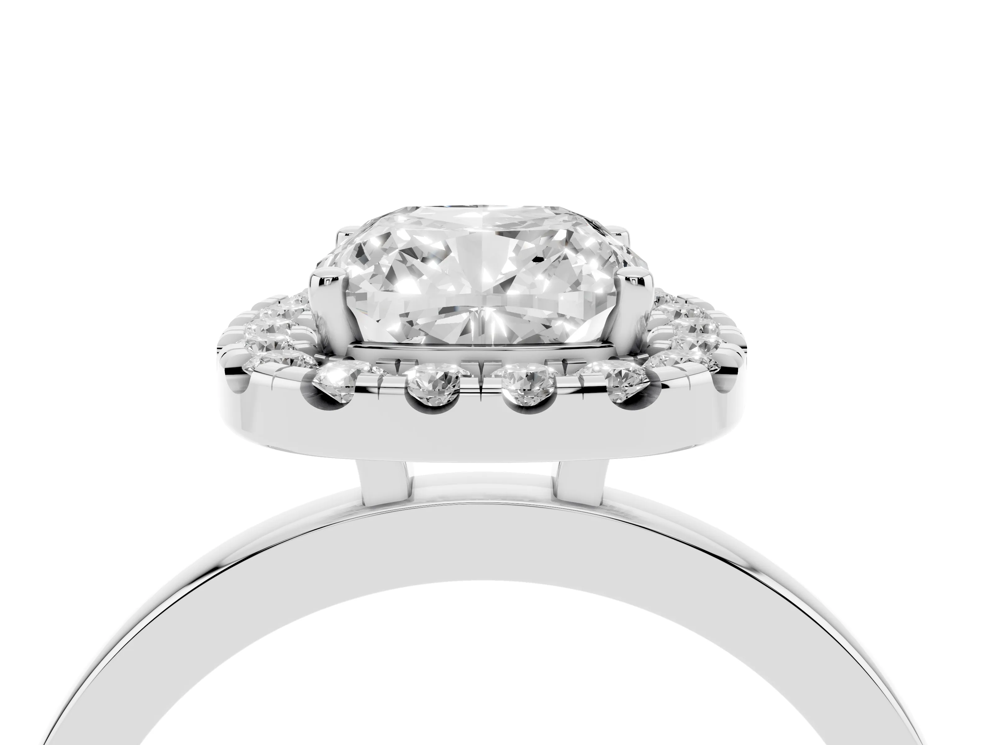 Cushion Cut Diamond Halo Solitaire Ring Set in White gold with Pavé Band and Prong Setting