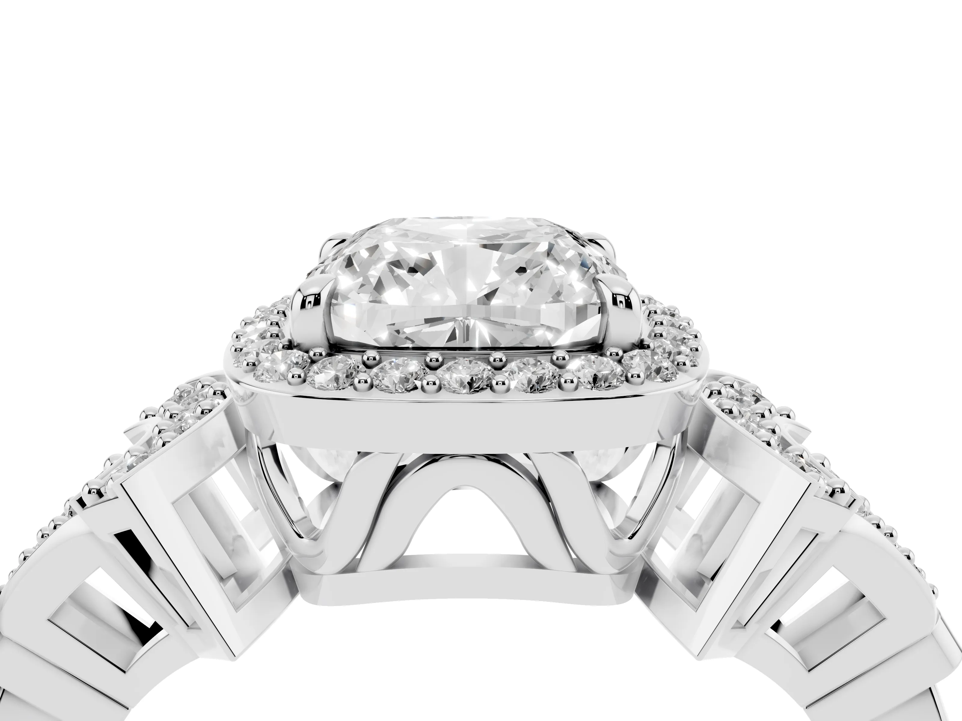 Cushion Cut Diamond Halo Engagement Ring Set in White gold with Accent Stone Split Shank