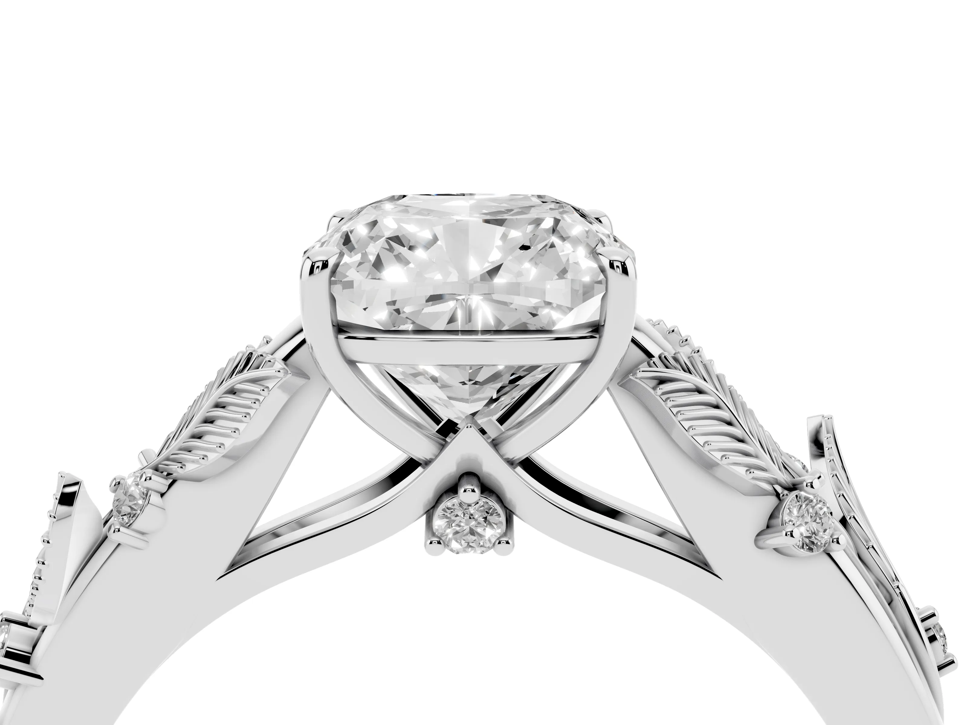 Cushion Cut Diamond Solitaire Ring Set in White gold with Leaf Motif Band