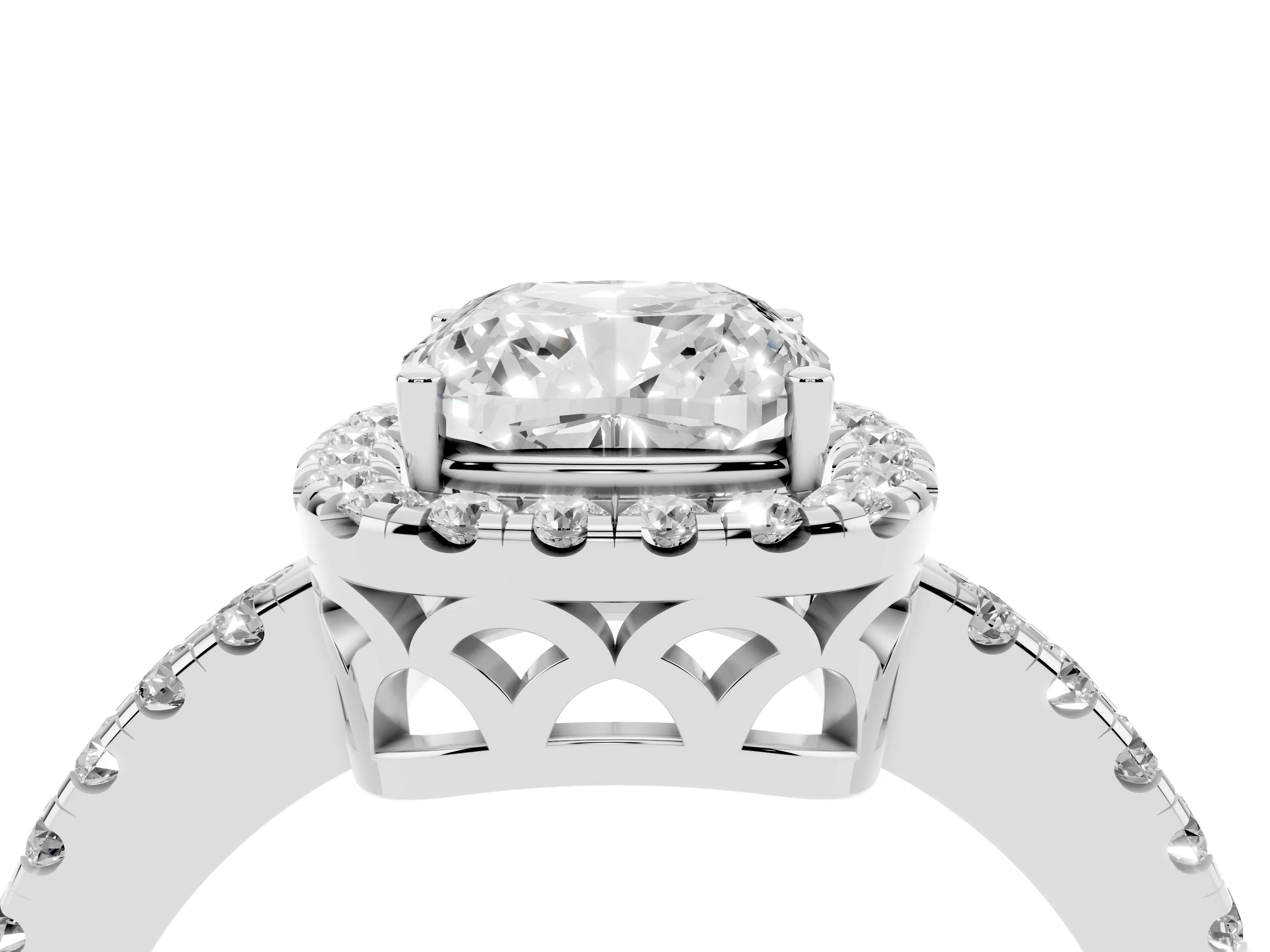 Cushion Cut Diamond Pavé Band Halo Engagement Ring Set in Platinum with Prong Setting