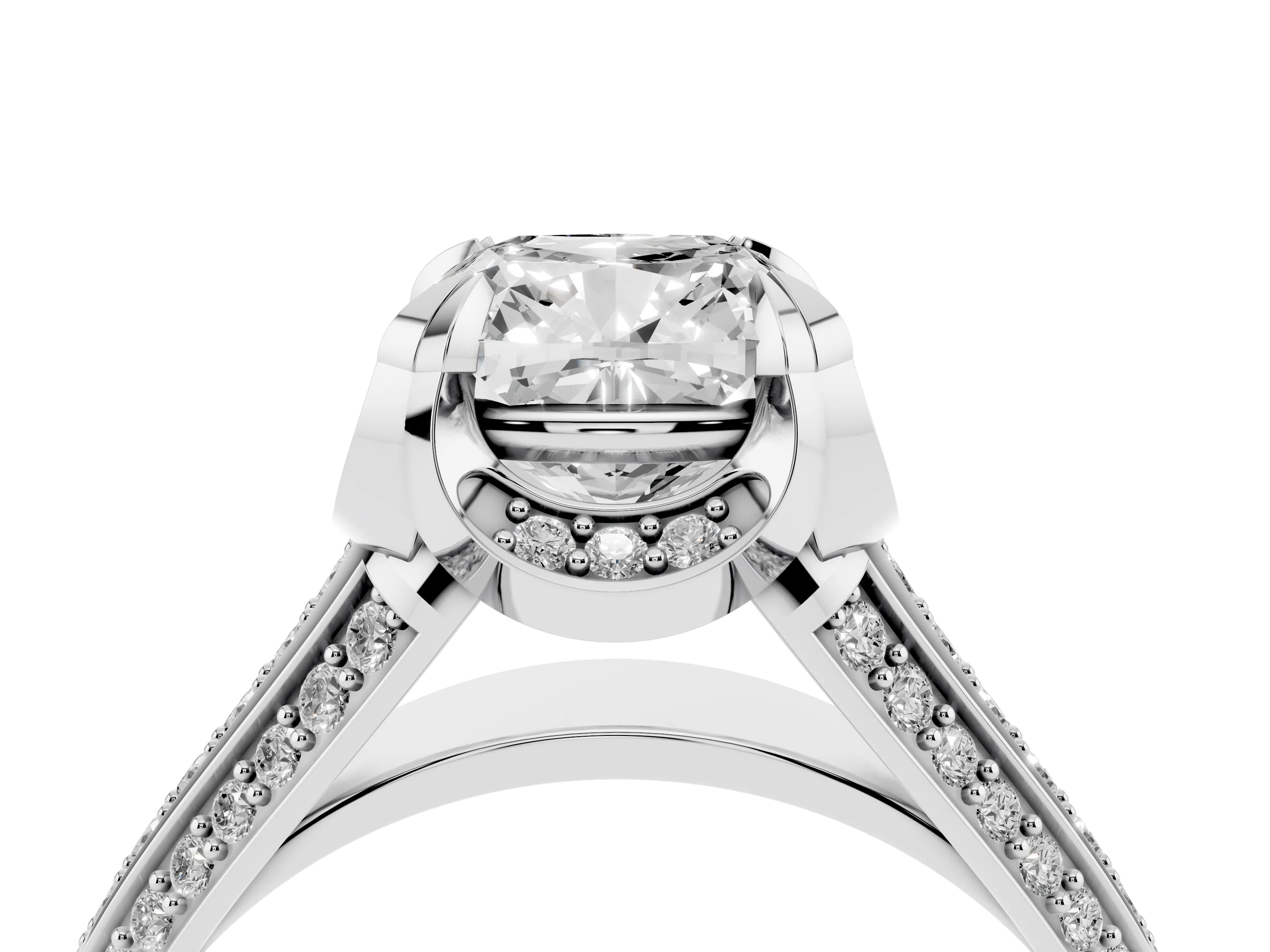 Cushion Cut Diamond Pavé Split Shank Solitaire Ring Set in Platinum with Prong Setting