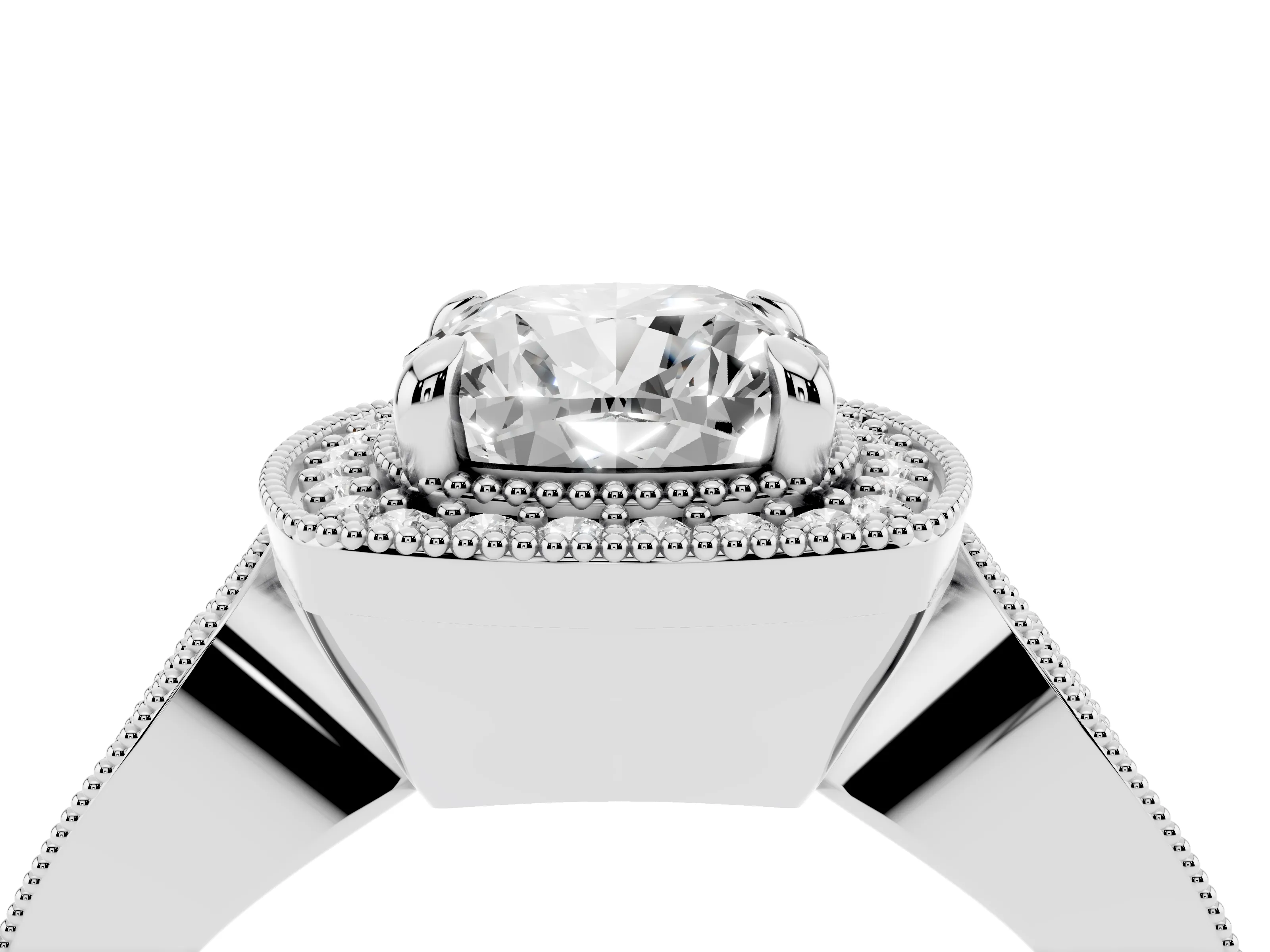 Cushion Cut Diamond Halo Ring Set in Silver with Milgrain Accent Split Shank