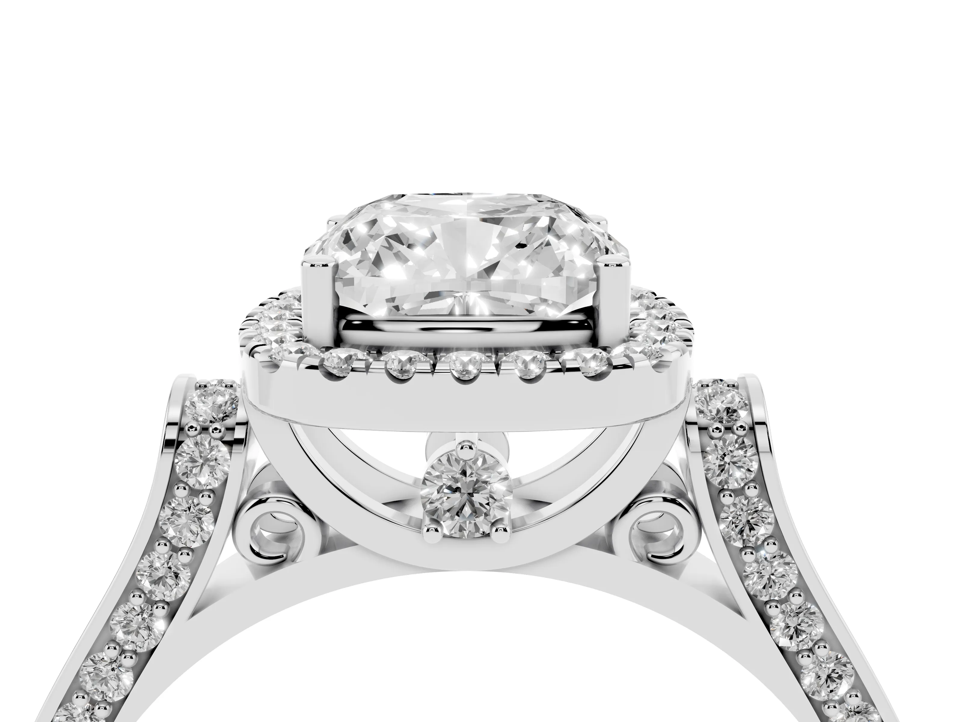 Cushion Cut Diamond Halo Ring Set in Silver with Pavé-Lined Split Shank Band