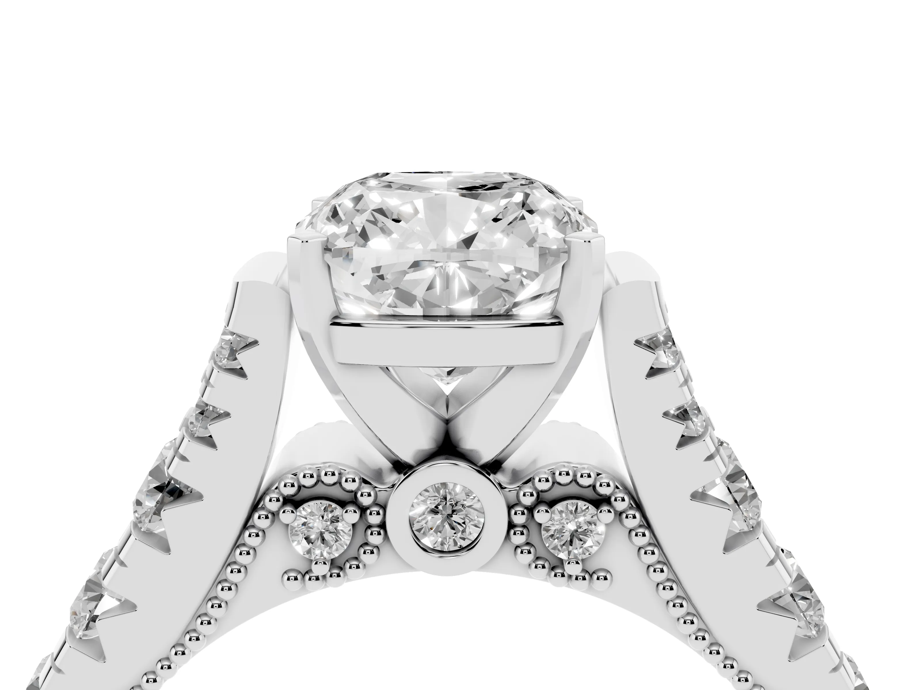 Cushion Cut Diamond Classic Solitaire Ring Set in Platinum with Pavé Band and Prong Setting