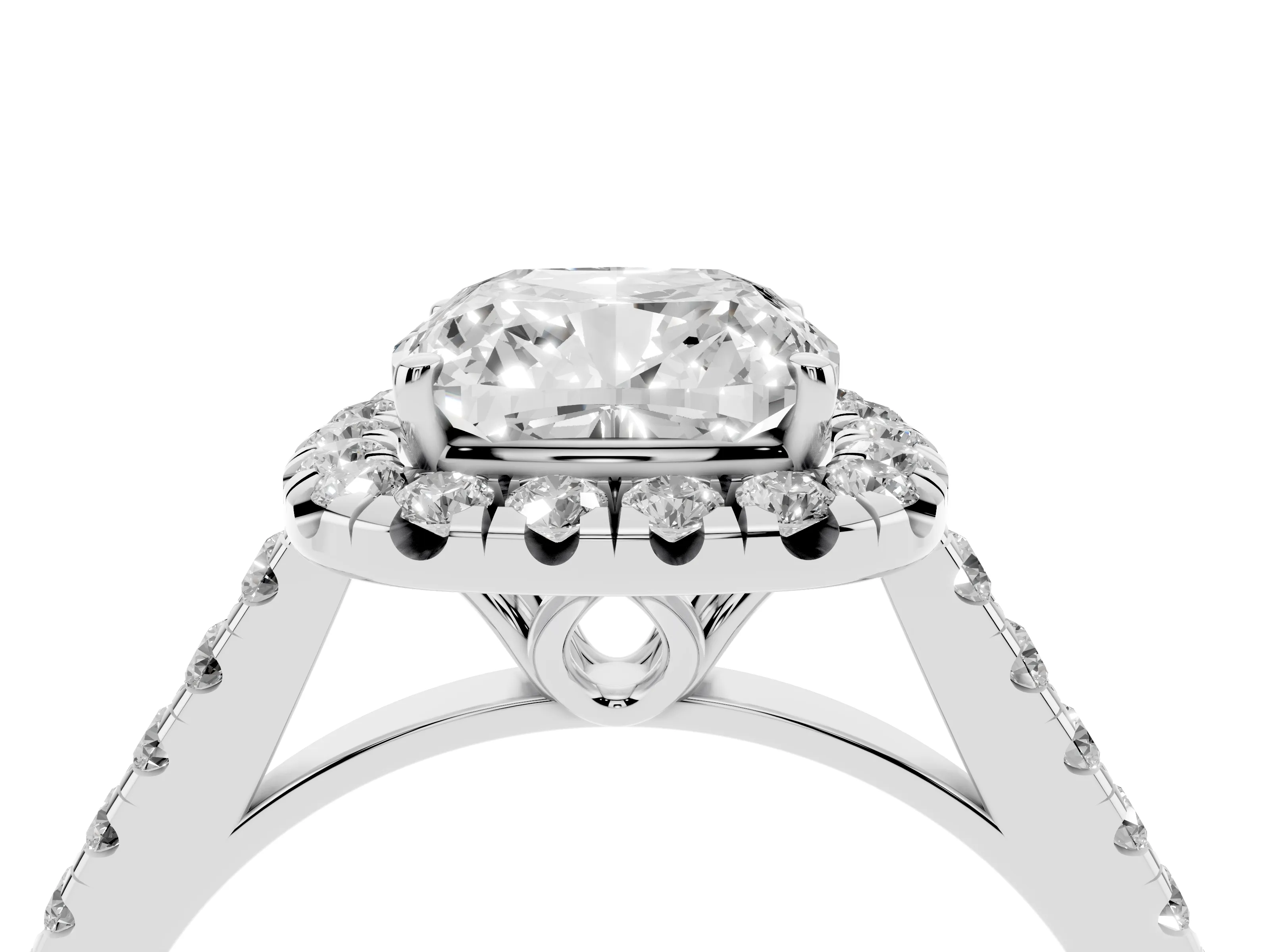 Cushion Cut Diamond Pavé Halo Engagement Ring Set in Silver with Pavé Band and Prong Setting
