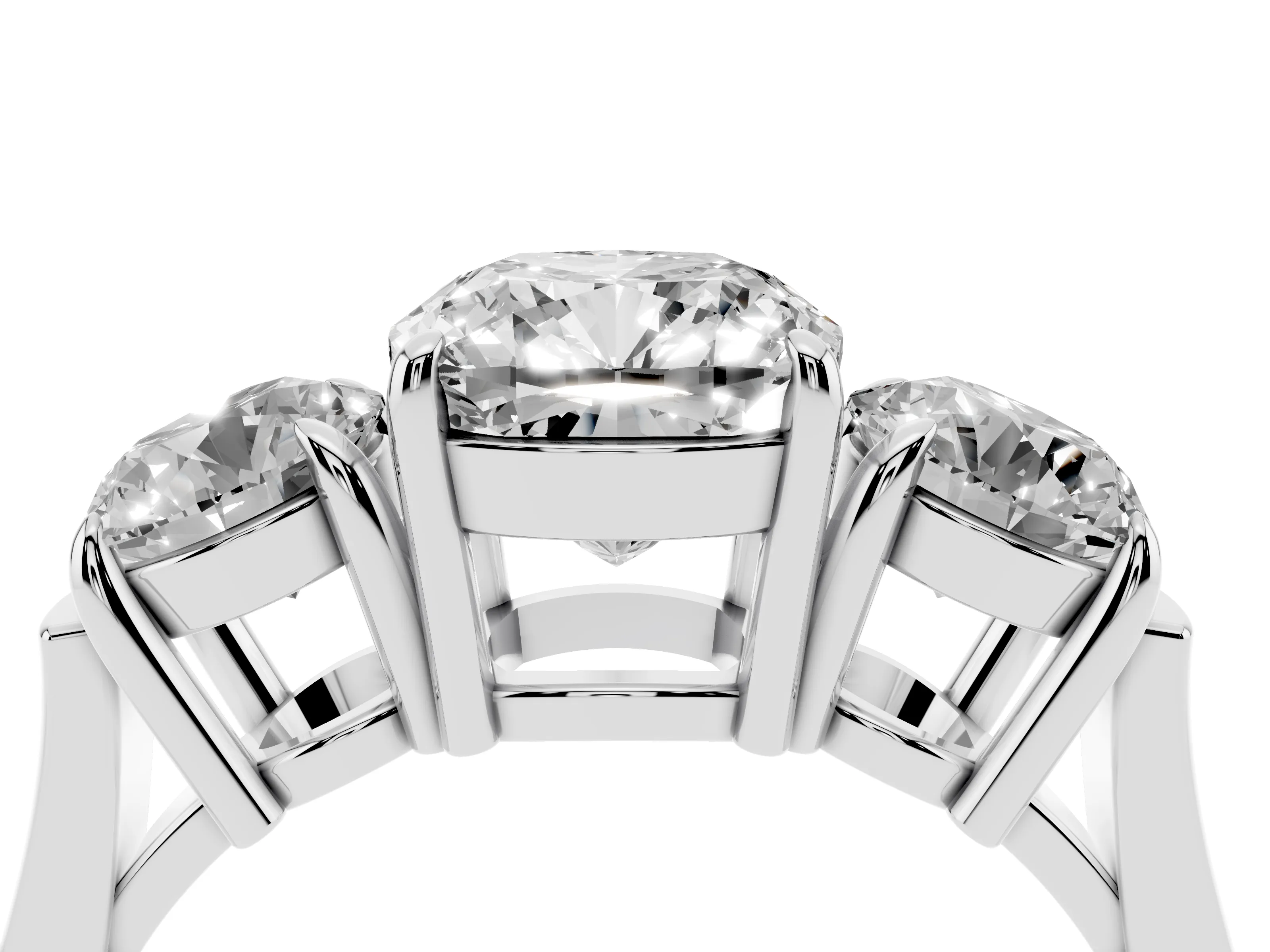 Cushion Cut Diamond Three-Stone Ring Set in Platinum with Round Accent Stones and Plain Band